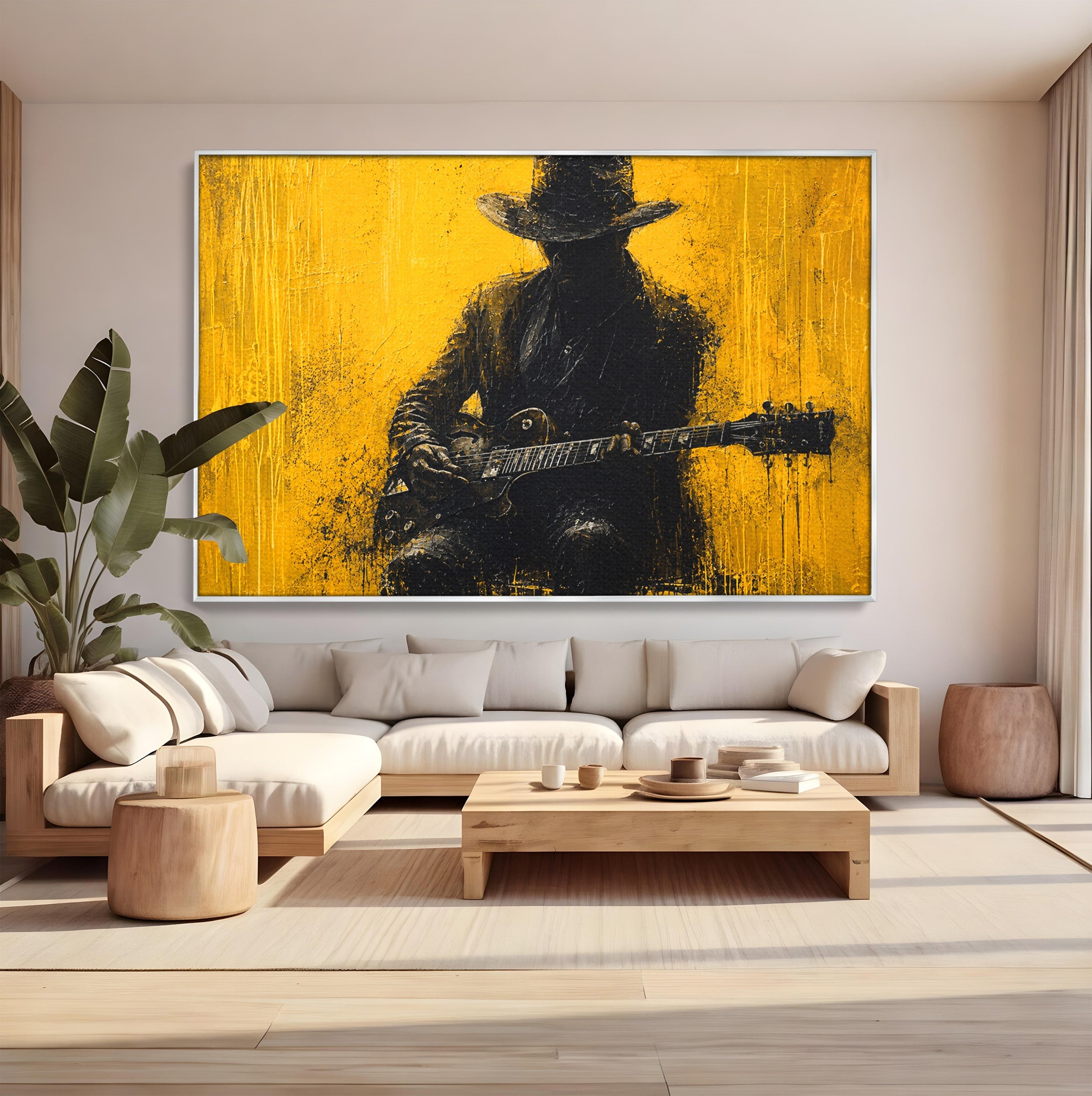 Tablou Canvas Premium LuxCanva® R1047, Chitaristul Misterios, Chitarist, Muzica, Silhouette, Living, Dormitor, Culori Vibrante