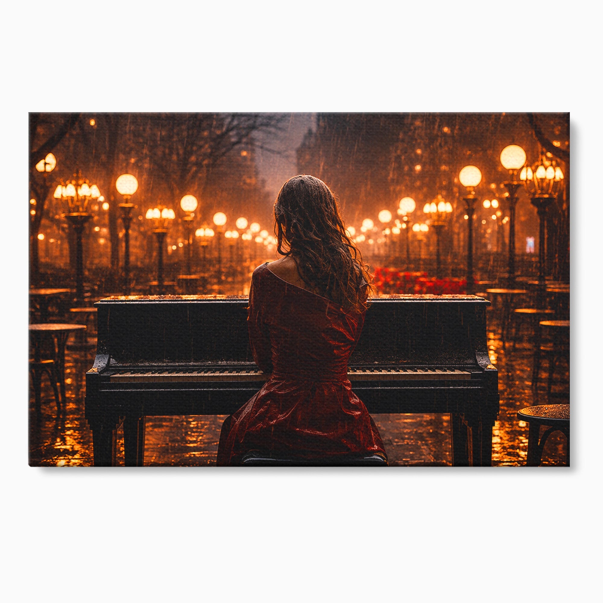 Tablou Canvas Premium LuxCanva® R1048, Pianista In Ploaie, Pian, Ploaie, Noapte, Femeie, Muzica, Romantic, Living, Dormitor, Culori Vibrante