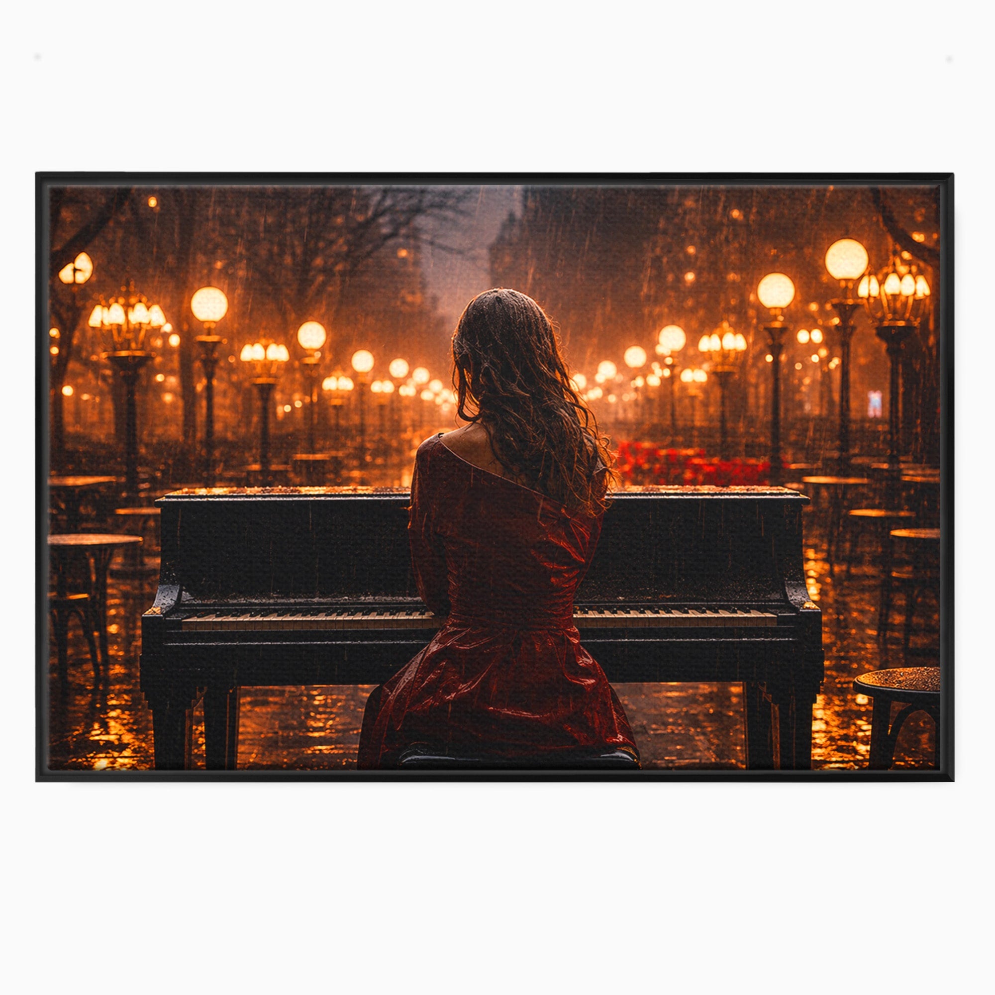 Tablou Canvas Premium LuxCanva® R1048, Pianista In Ploaie, Pian, Ploaie, Noapte, Femeie, Muzica, Romantic, Living, Dormitor, Culori Vibrante