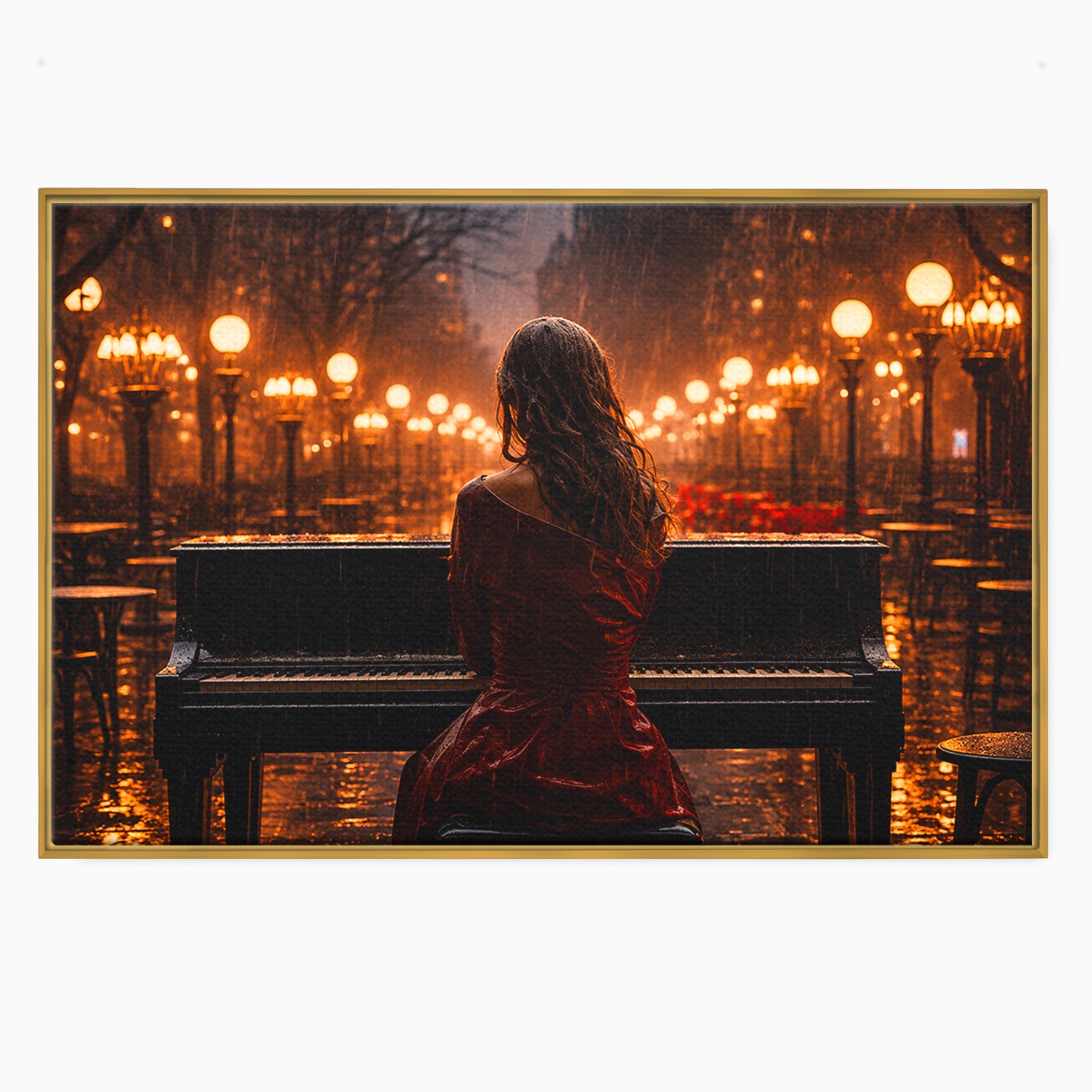 Tablou Canvas Premium LuxCanva® R1048, Pianista In Ploaie, Pian, Ploaie, Noapte, Femeie, Muzica, Romantic, Living, Dormitor, Culori Vibrante