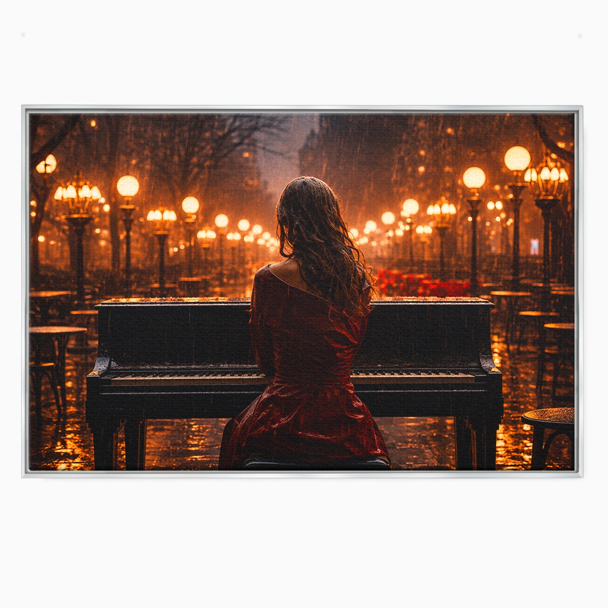 Tablou Canvas Premium LuxCanva® R1048, Pianista In Ploaie, Pian, Ploaie, Noapte, Femeie, Muzica, Romantic, Living, Dormitor, Culori Vibrante