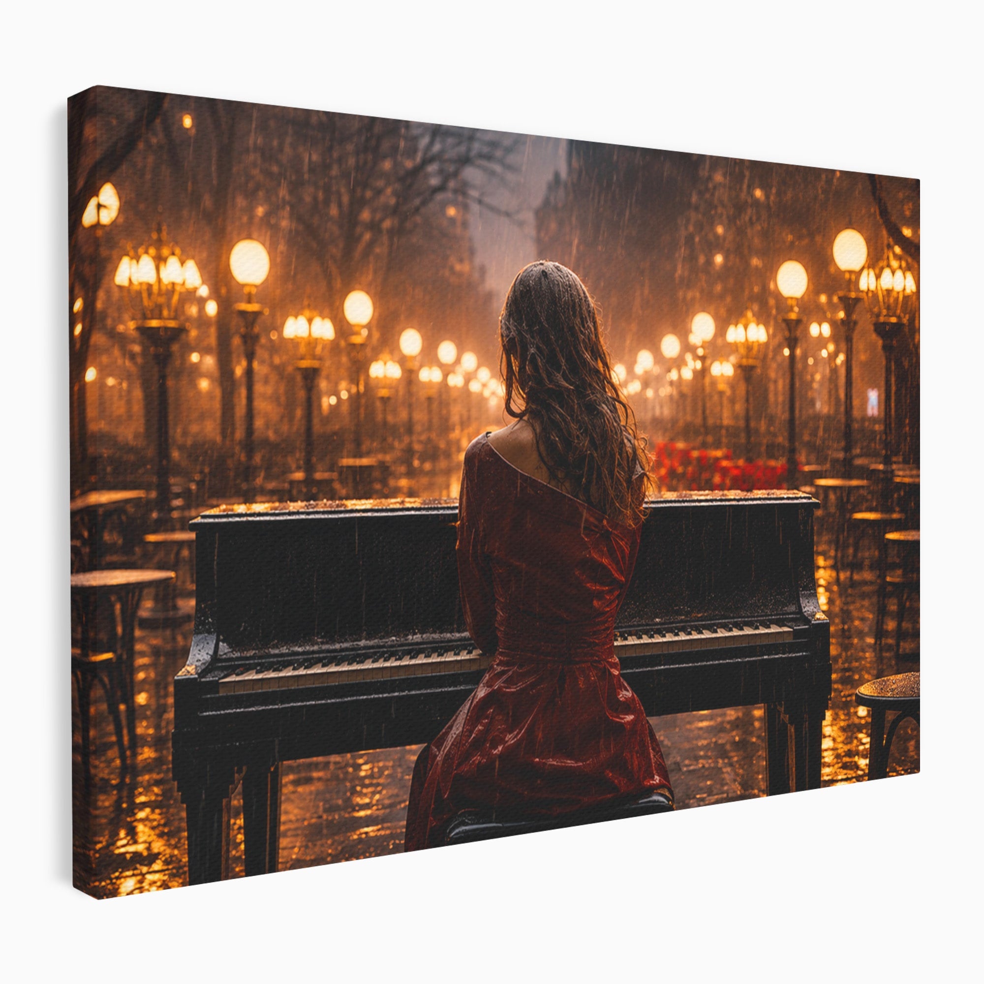 Tablou Canvas Premium LuxCanva® R1048, Pianista In Ploaie, Pian, Ploaie, Noapte, Femeie, Muzica, Romantic, Living, Dormitor, Culori Vibrante