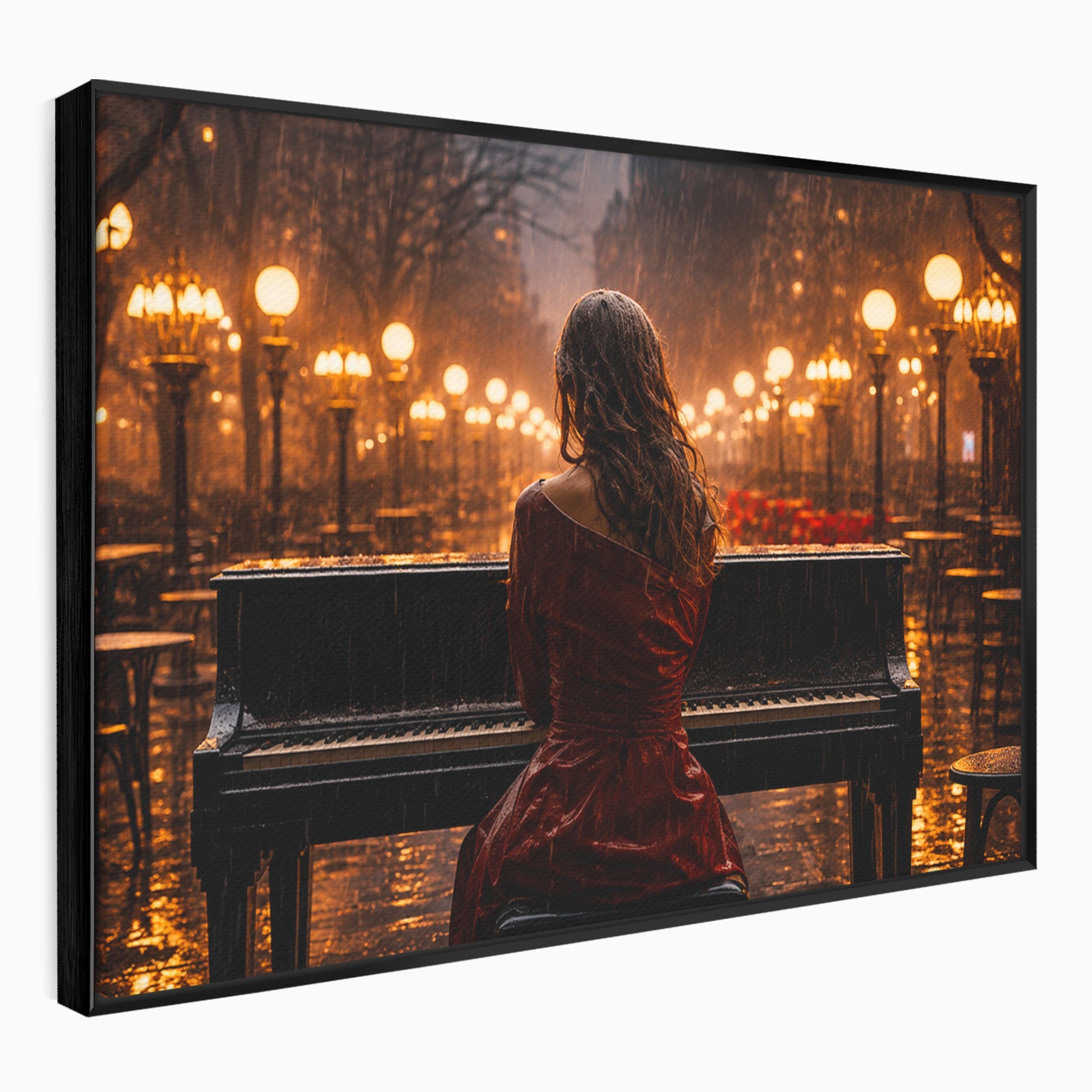 Tablou Canvas Premium LuxCanva® R1048, Pianista In Ploaie, Pian, Ploaie, Noapte, Femeie, Muzica, Romantic, Living, Dormitor, Culori Vibrante
