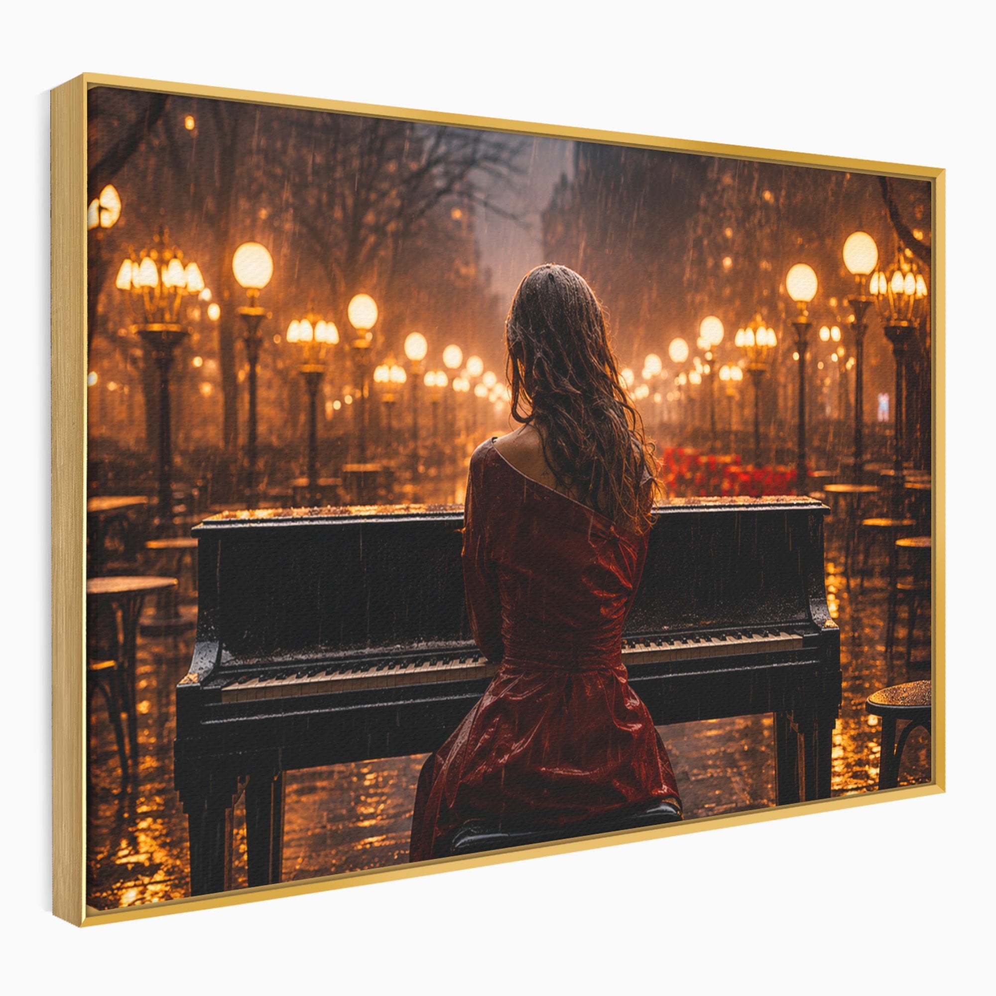 Tablou Canvas Premium LuxCanva® R1048, Pianista In Ploaie, Pian, Ploaie, Noapte, Femeie, Muzica, Romantic, Living, Dormitor, Culori Vibrante