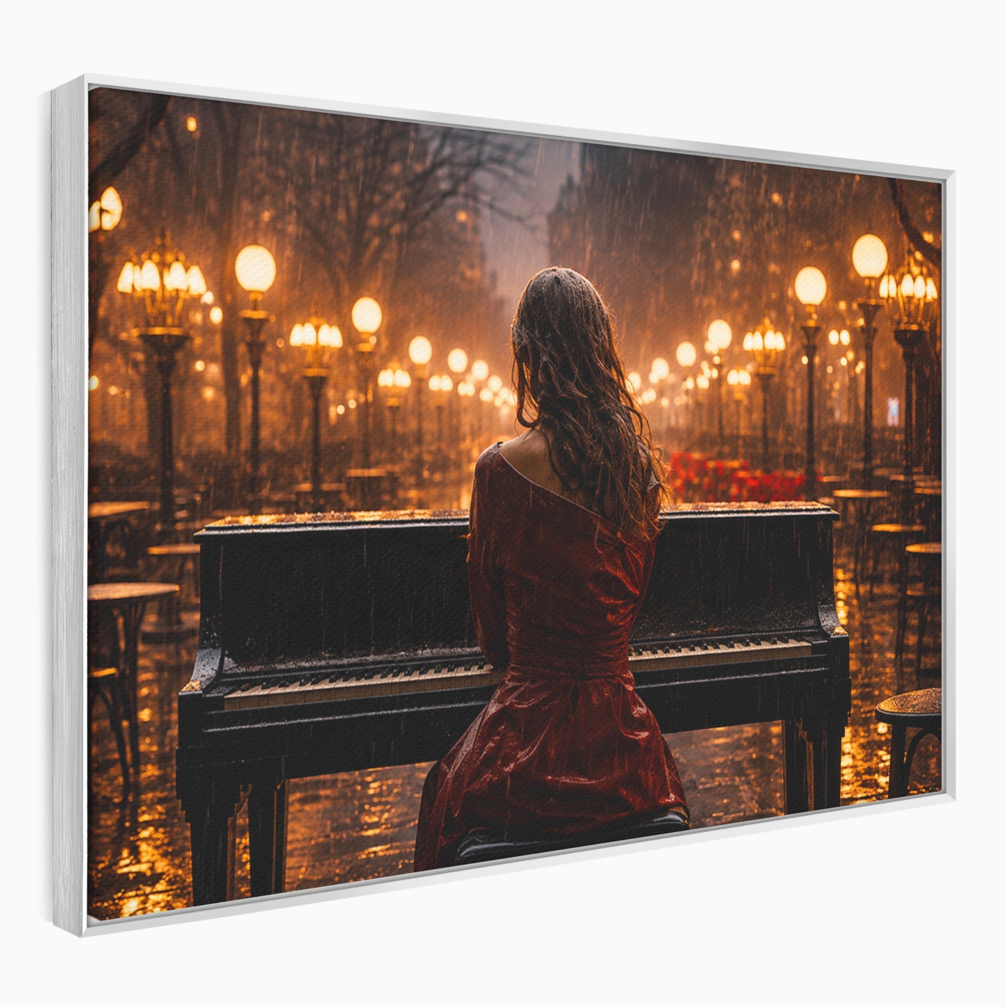 Tablou Canvas Premium LuxCanva® R1048, Pianista In Ploaie, Pian, Ploaie, Noapte, Femeie, Muzica, Romantic, Living, Dormitor, Culori Vibrante