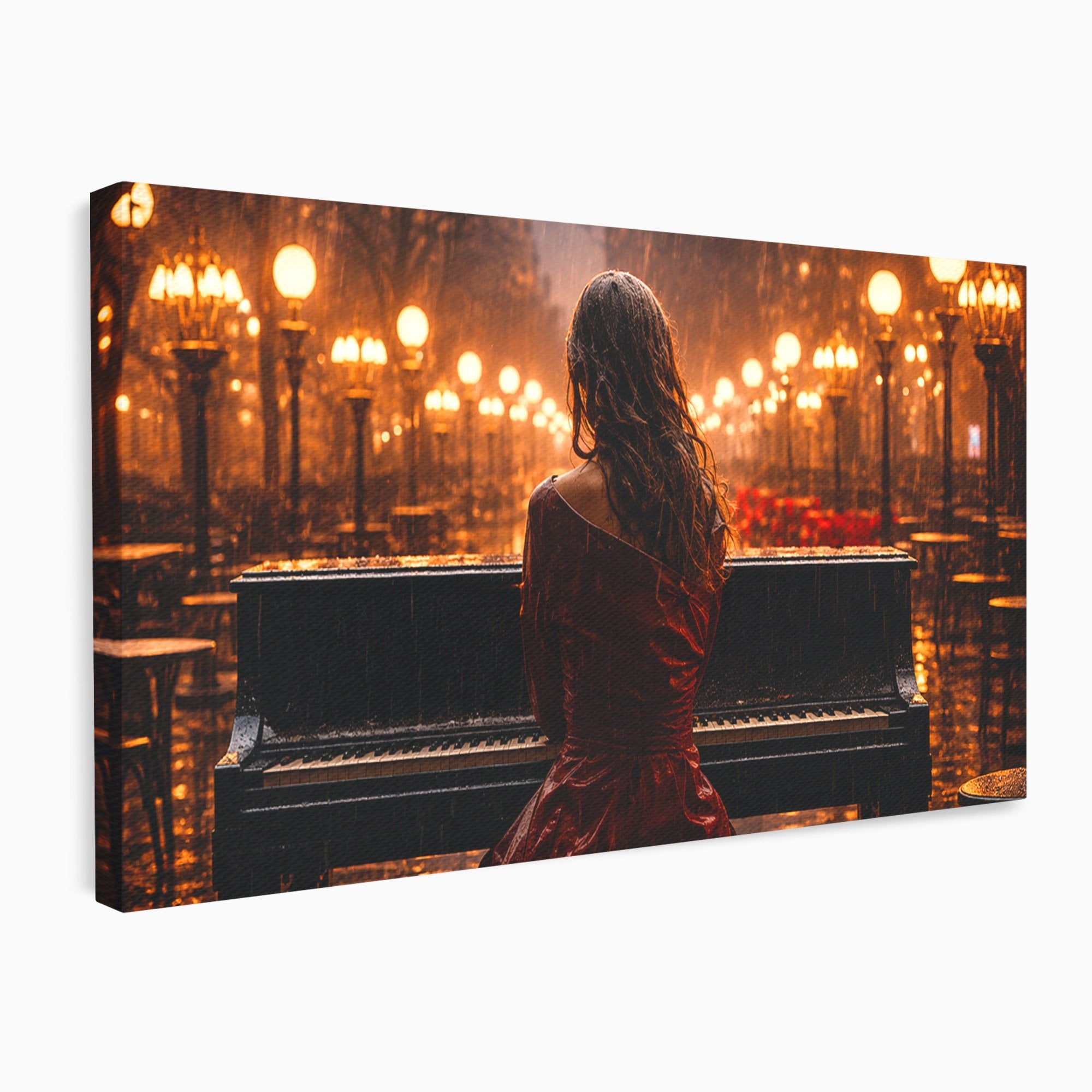 Tablou Canvas Premium LuxCanva® R1048, Pianista In Ploaie, Pian, Ploaie, Noapte, Femeie, Muzica, Romantic, Living, Dormitor, Culori Vibrante