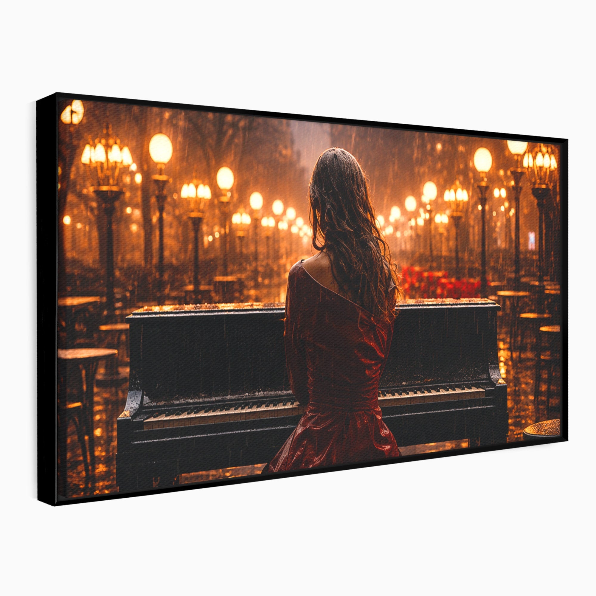 Tablou Canvas Premium LuxCanva® R1048, Pianista In Ploaie, Pian, Ploaie, Noapte, Femeie, Muzica, Romantic, Living, Dormitor, Culori Vibrante