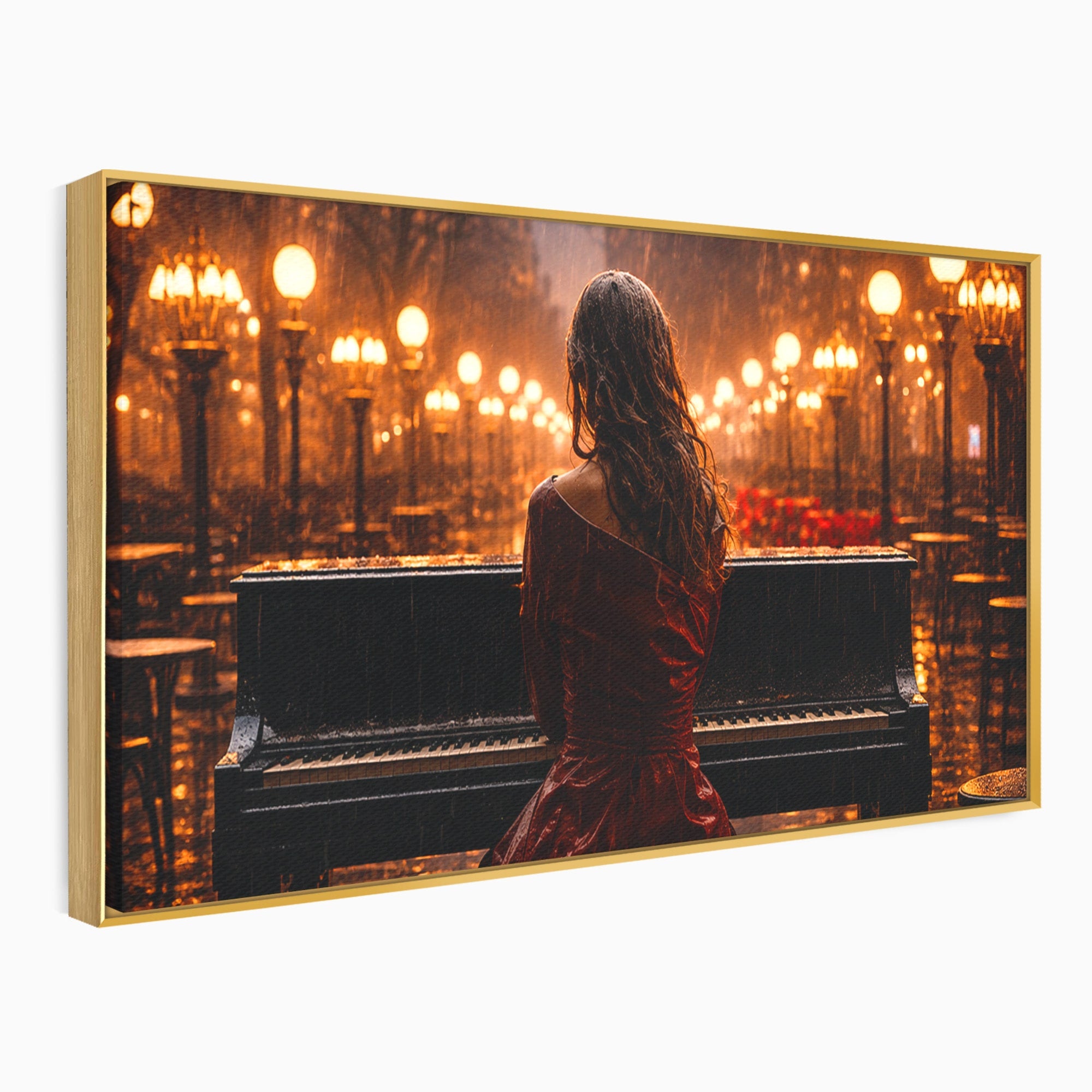 Tablou Canvas Premium LuxCanva® R1048, Pianista In Ploaie, Pian, Ploaie, Noapte, Femeie, Muzica, Romantic, Living, Dormitor, Culori Vibrante