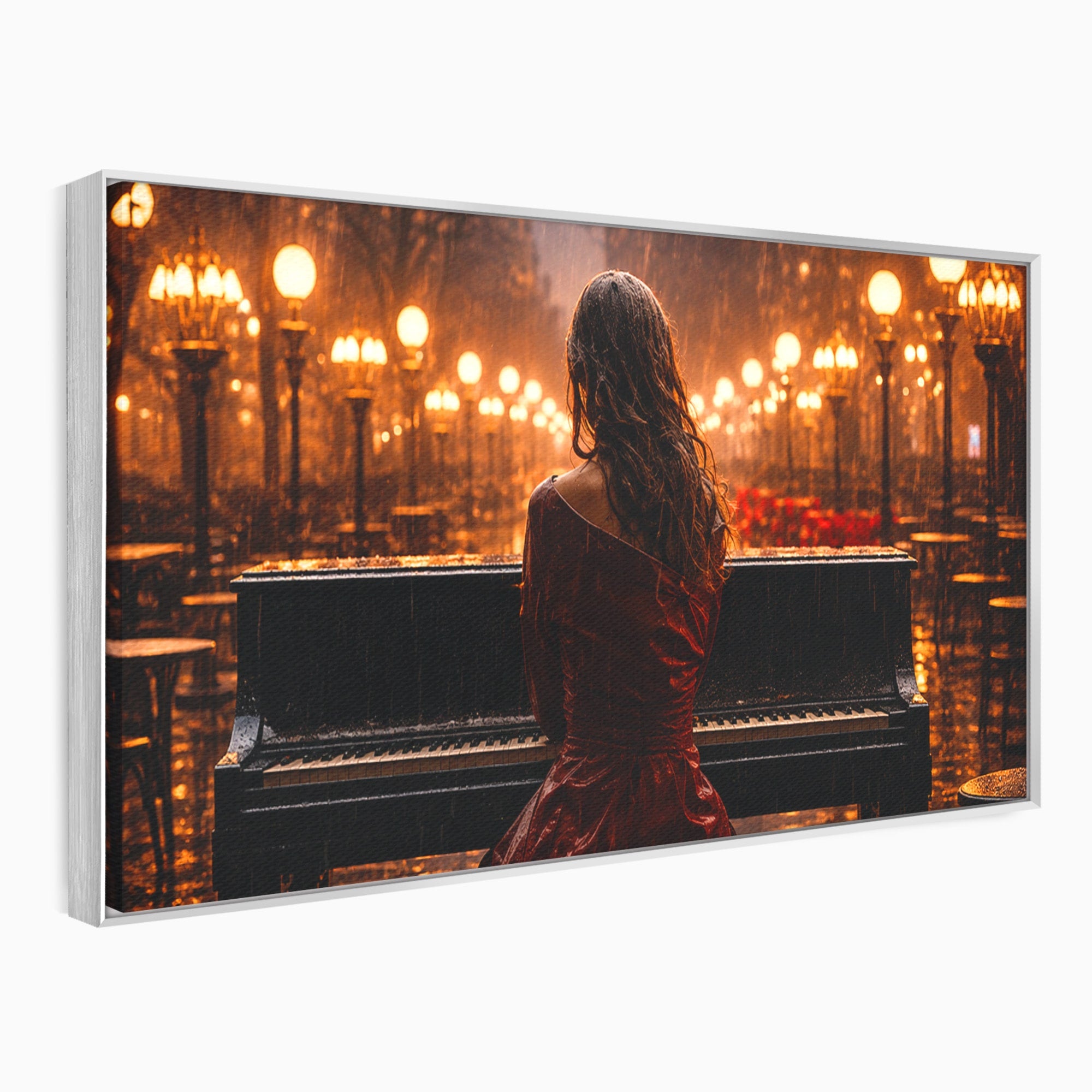 Tablou Canvas Premium LuxCanva® R1048, Pianista In Ploaie, Pian, Ploaie, Noapte, Femeie, Muzica, Romantic, Living, Dormitor, Culori Vibrante
