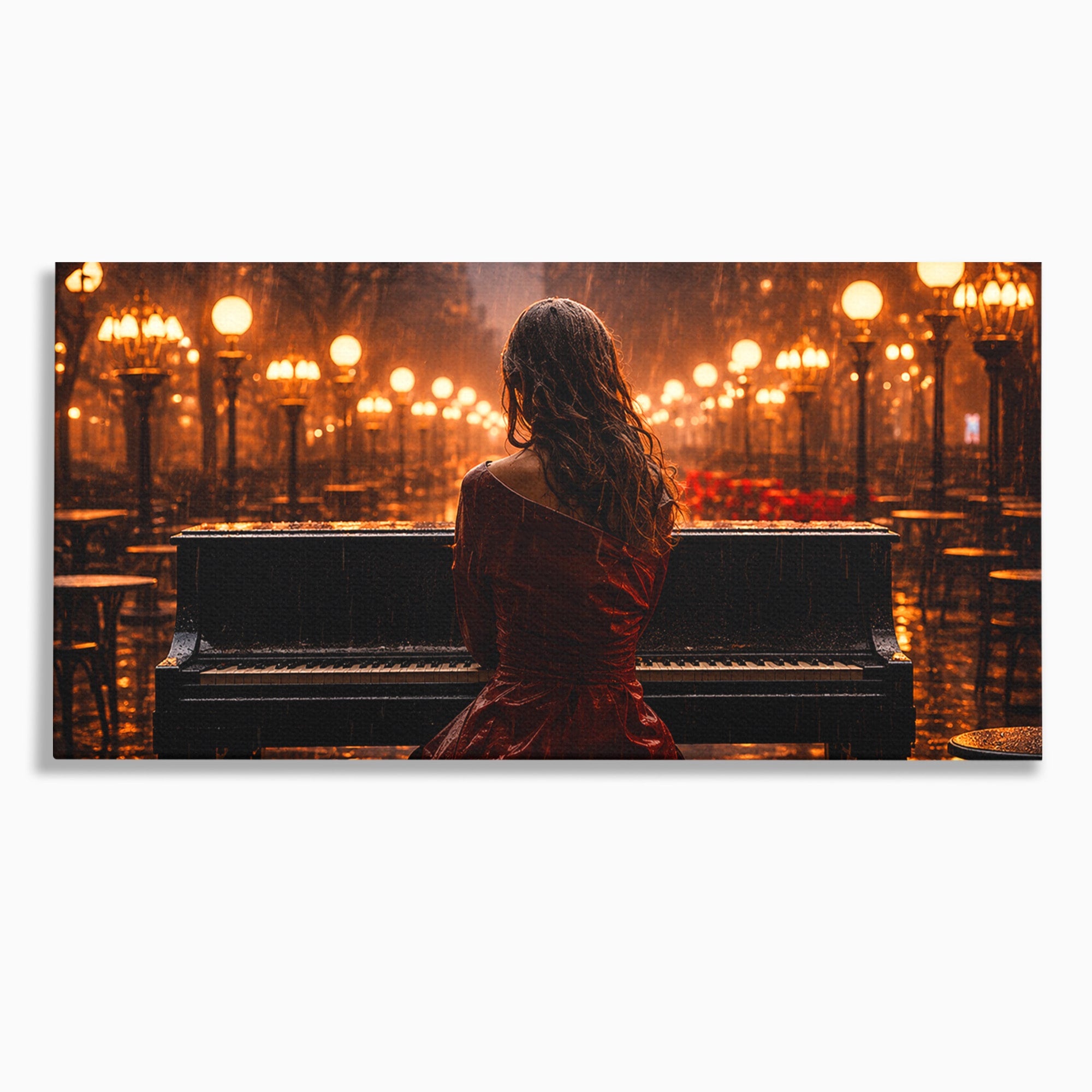 Tablou Canvas Premium LuxCanva® R1048, Pianista In Ploaie, Pian, Ploaie, Noapte, Femeie, Muzica, Romantic, Living, Dormitor, Culori Vibrante