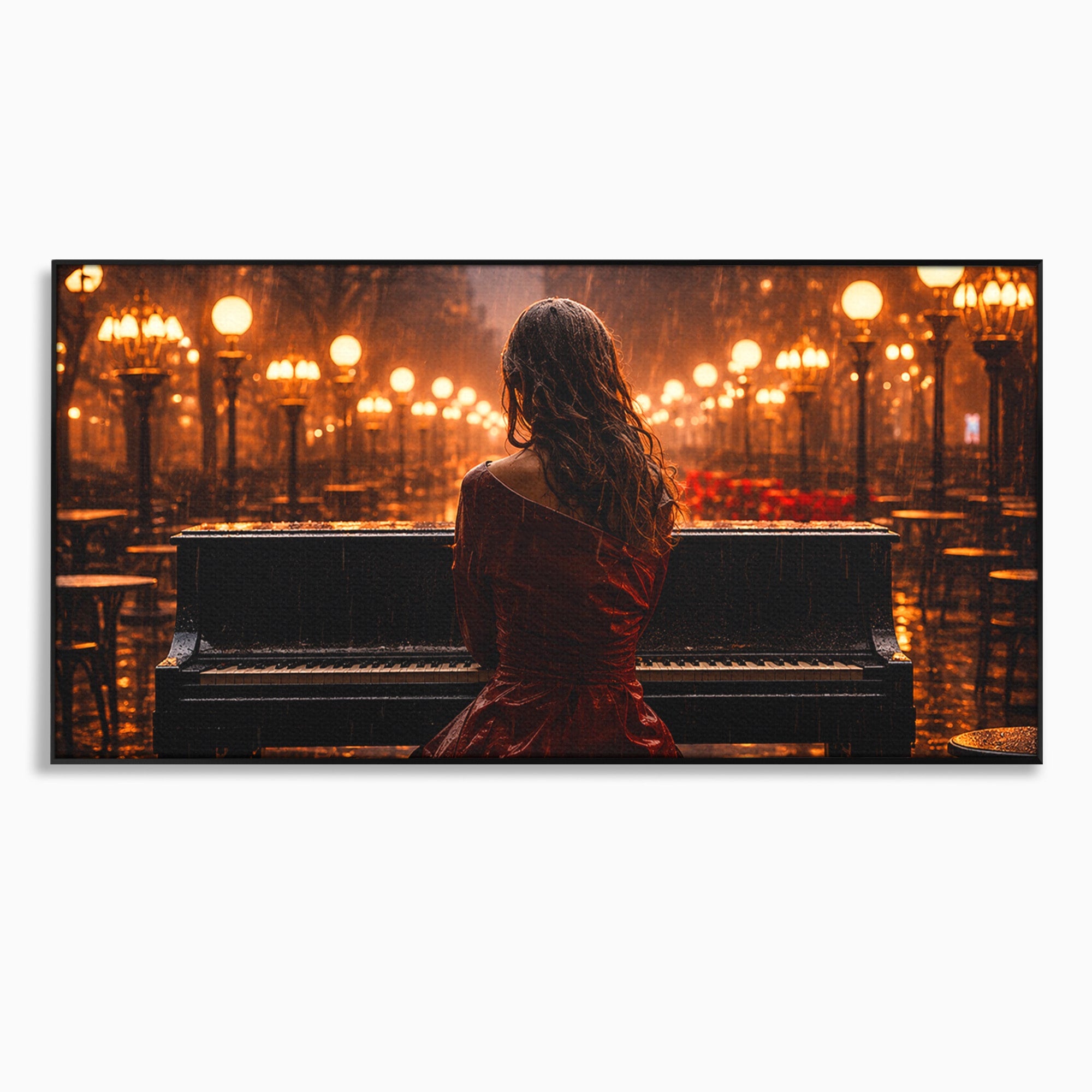Tablou Canvas Premium LuxCanva® R1048, Pianista In Ploaie, Pian, Ploaie, Noapte, Femeie, Muzica, Romantic, Living, Dormitor, Culori Vibrante