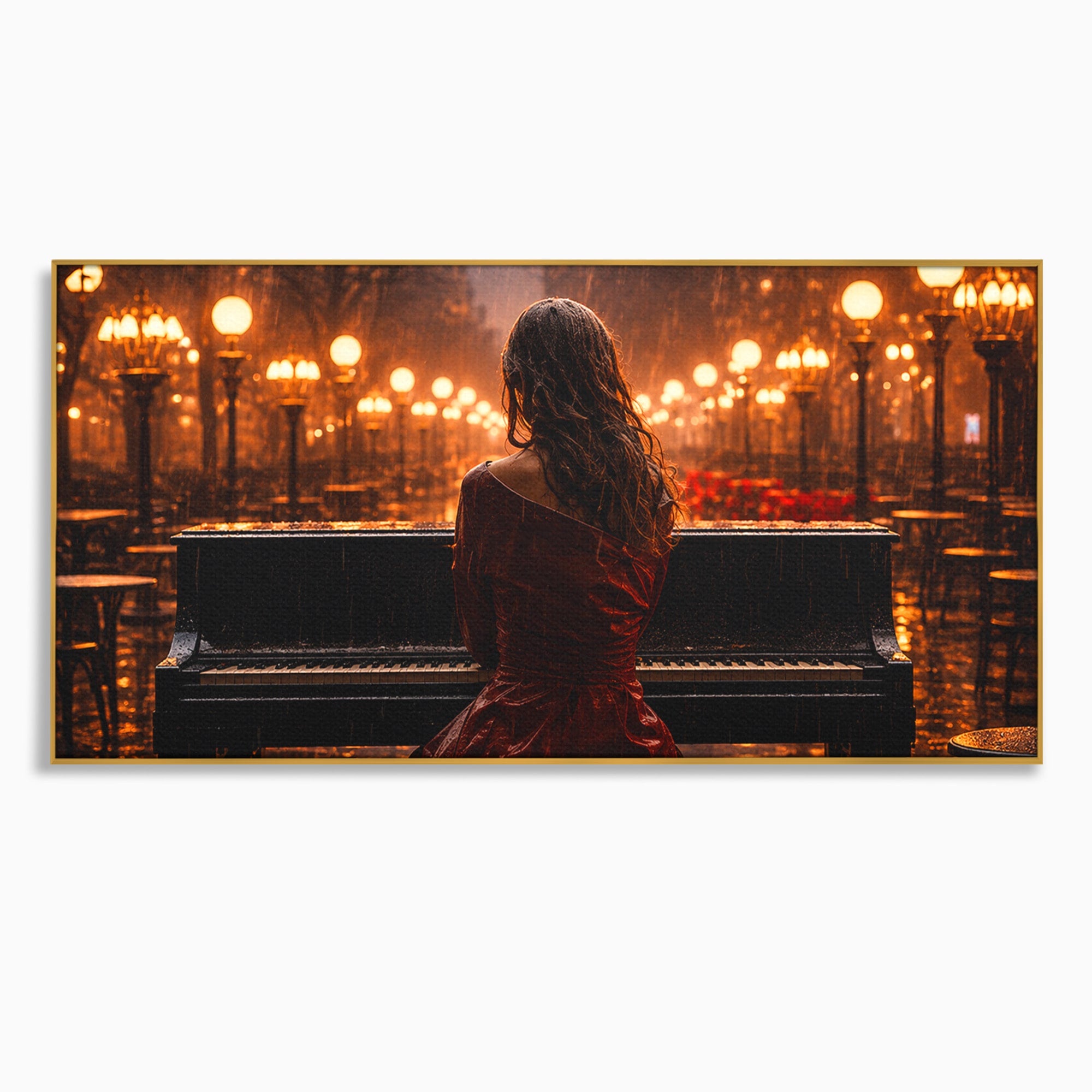 Tablou Canvas Premium LuxCanva® R1048, Pianista In Ploaie, Pian, Ploaie, Noapte, Femeie, Muzica, Romantic, Living, Dormitor, Culori Vibrante