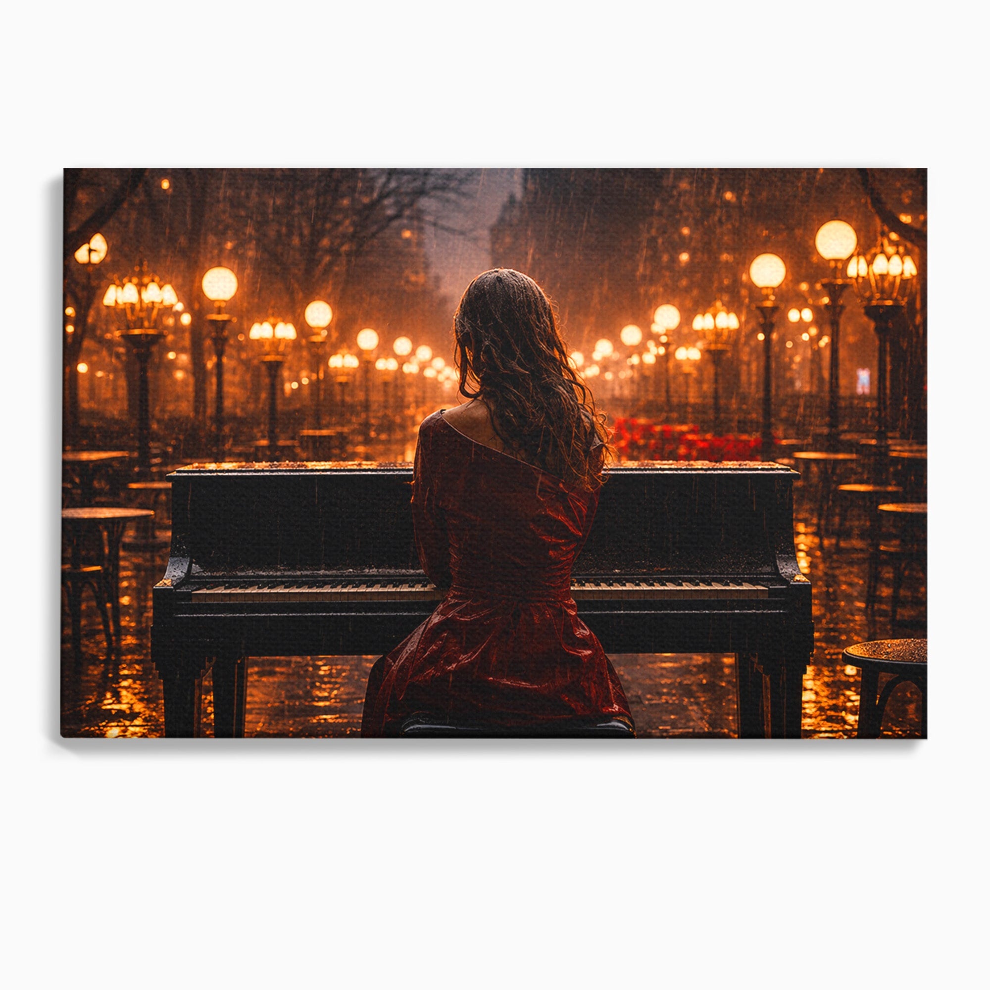 Tablou Canvas Premium LuxCanva® R1048, Pianista In Ploaie, Pian, Ploaie, Noapte, Femeie, Muzica, Romantic, Living, Dormitor, Culori Vibrante