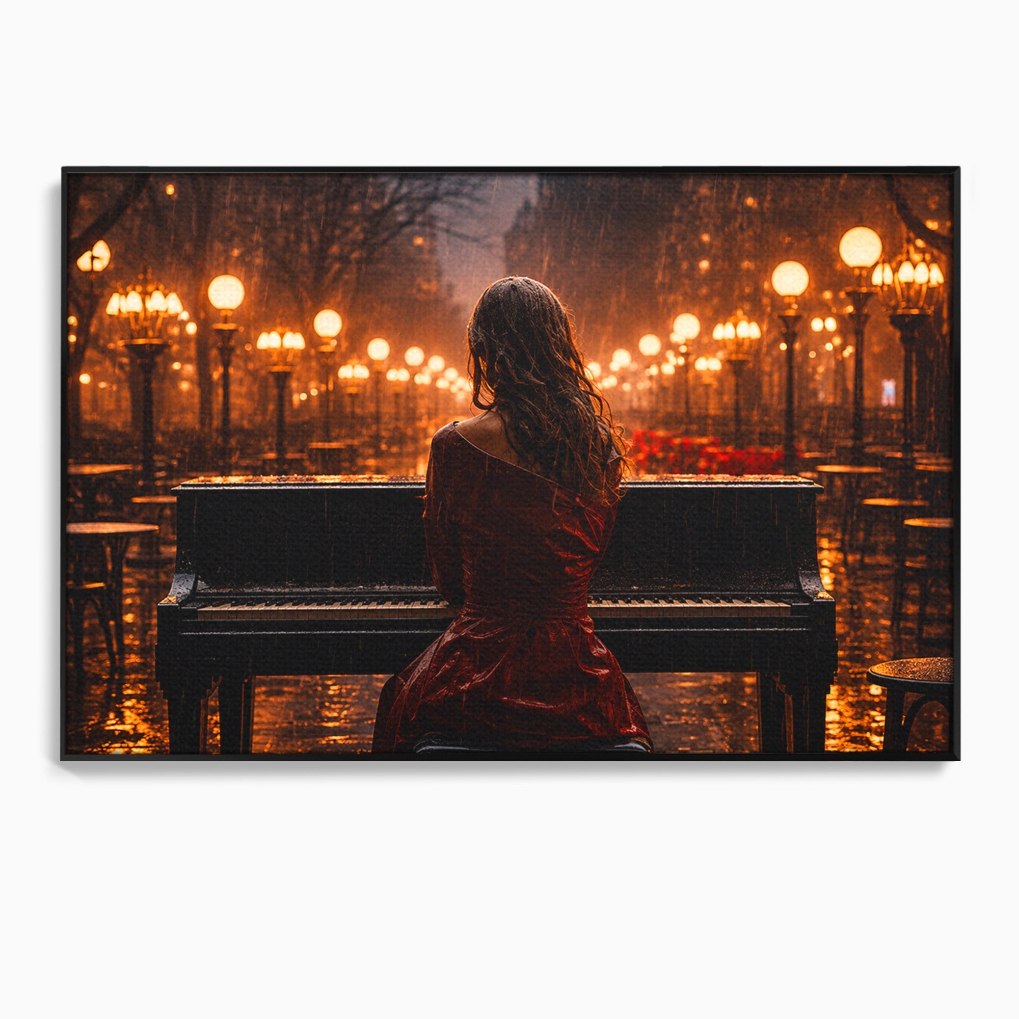 Tablou Canvas Premium LuxCanva® R1048, Pianista In Ploaie, Pian, Ploaie, Noapte, Femeie, Muzica, Romantic, Living, Dormitor, Culori Vibrante