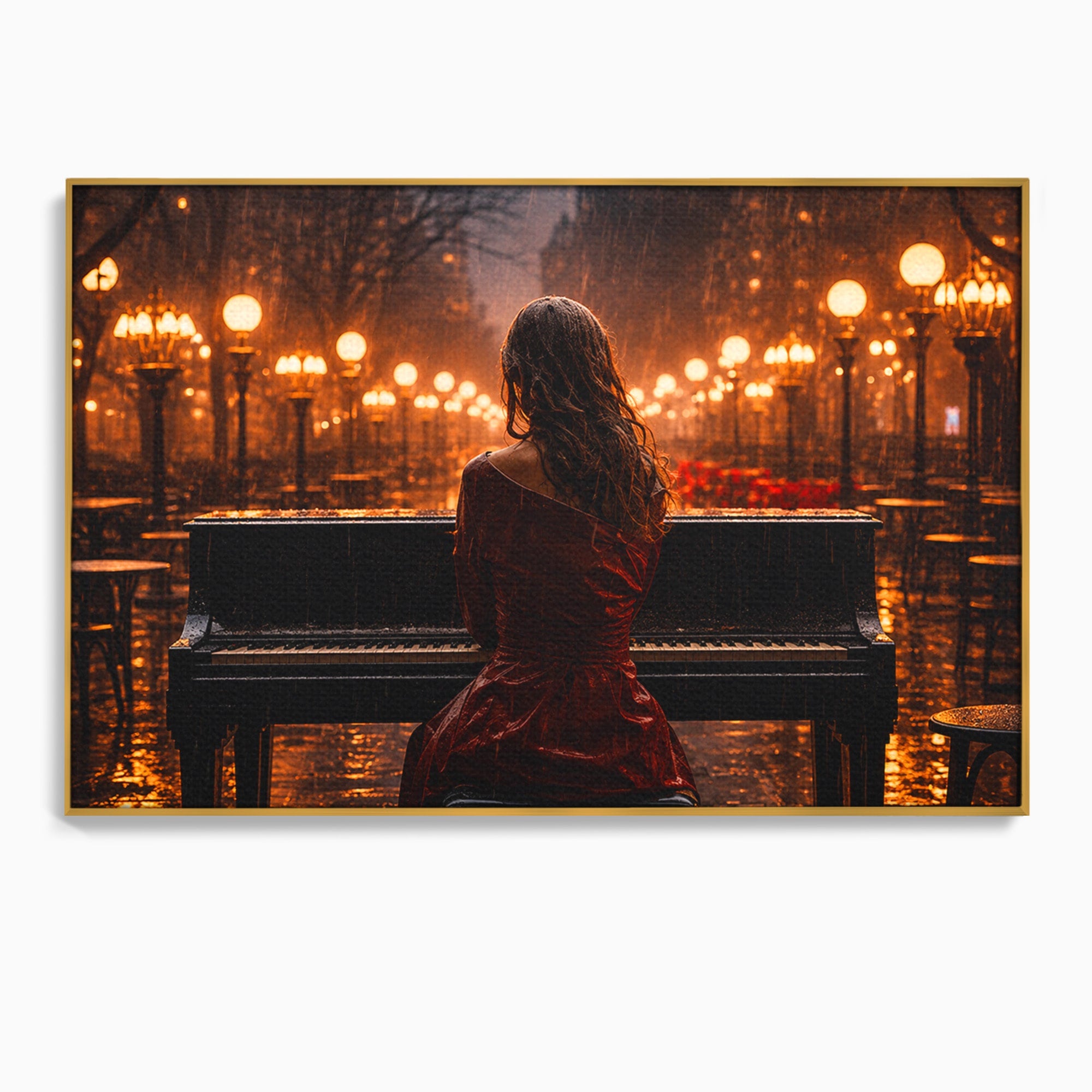 Tablou Canvas Premium LuxCanva® R1048, Pianista In Ploaie, Pian, Ploaie, Noapte, Femeie, Muzica, Romantic, Living, Dormitor, Culori Vibrante