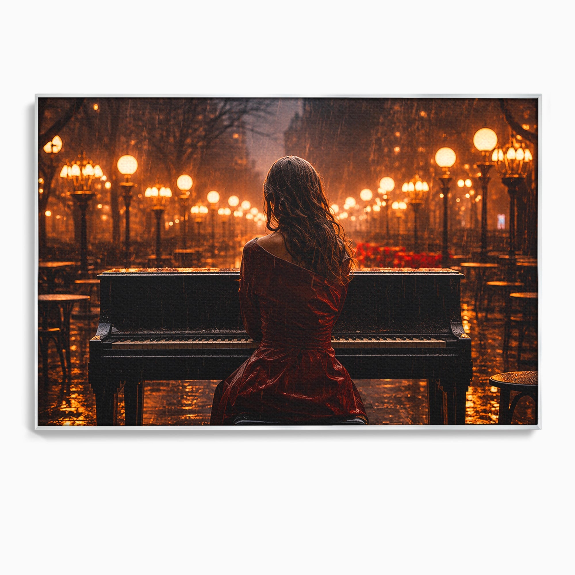 Tablou Canvas Premium LuxCanva® R1048, Pianista In Ploaie, Pian, Ploaie, Noapte, Femeie, Muzica, Romantic, Living, Dormitor, Culori Vibrante