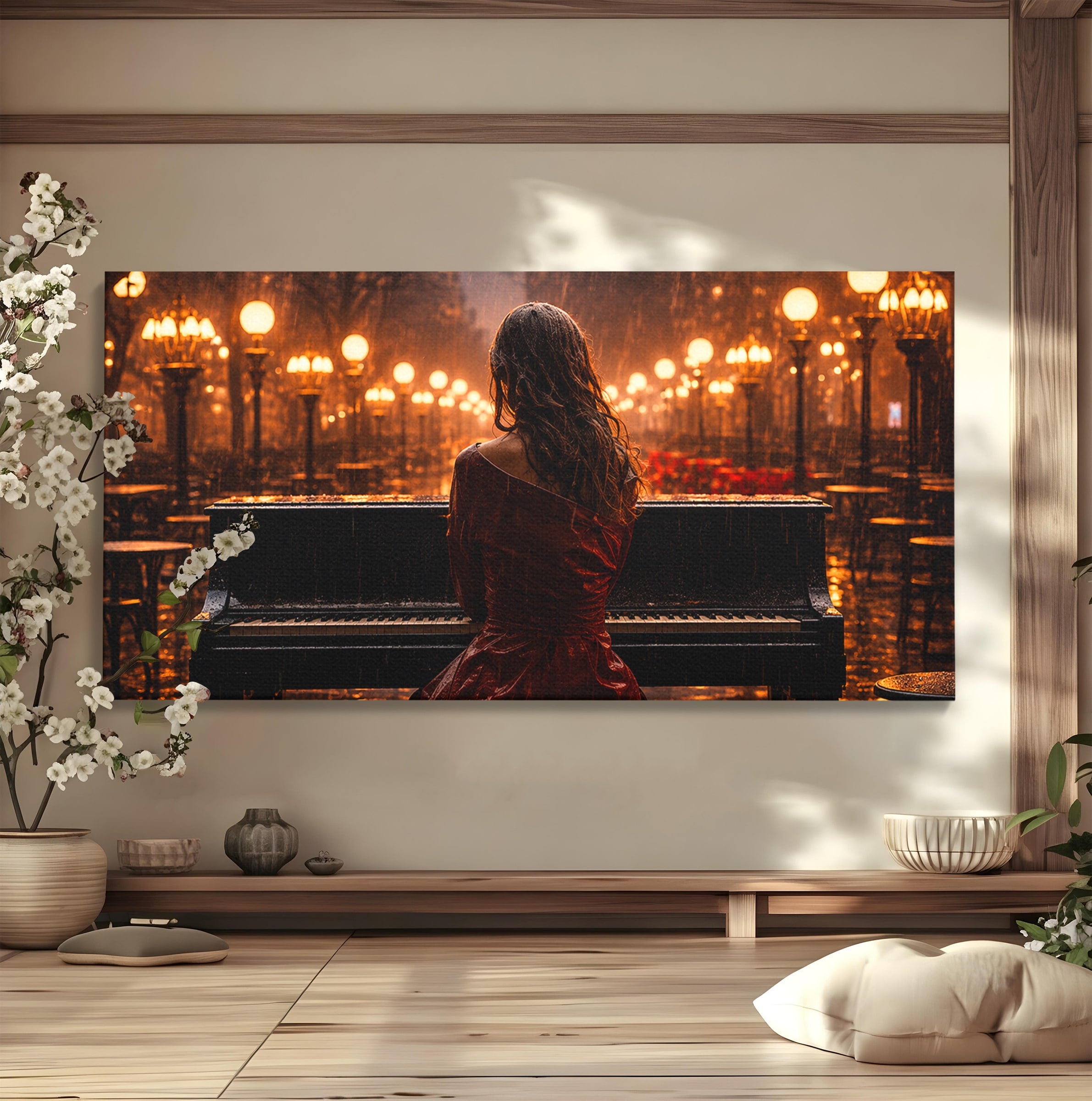 Tablou Canvas Premium LuxCanva® R1048, Pianista In Ploaie, Pian, Ploaie, Noapte, Femeie, Muzica, Romantic, Living, Dormitor, Culori Vibrante