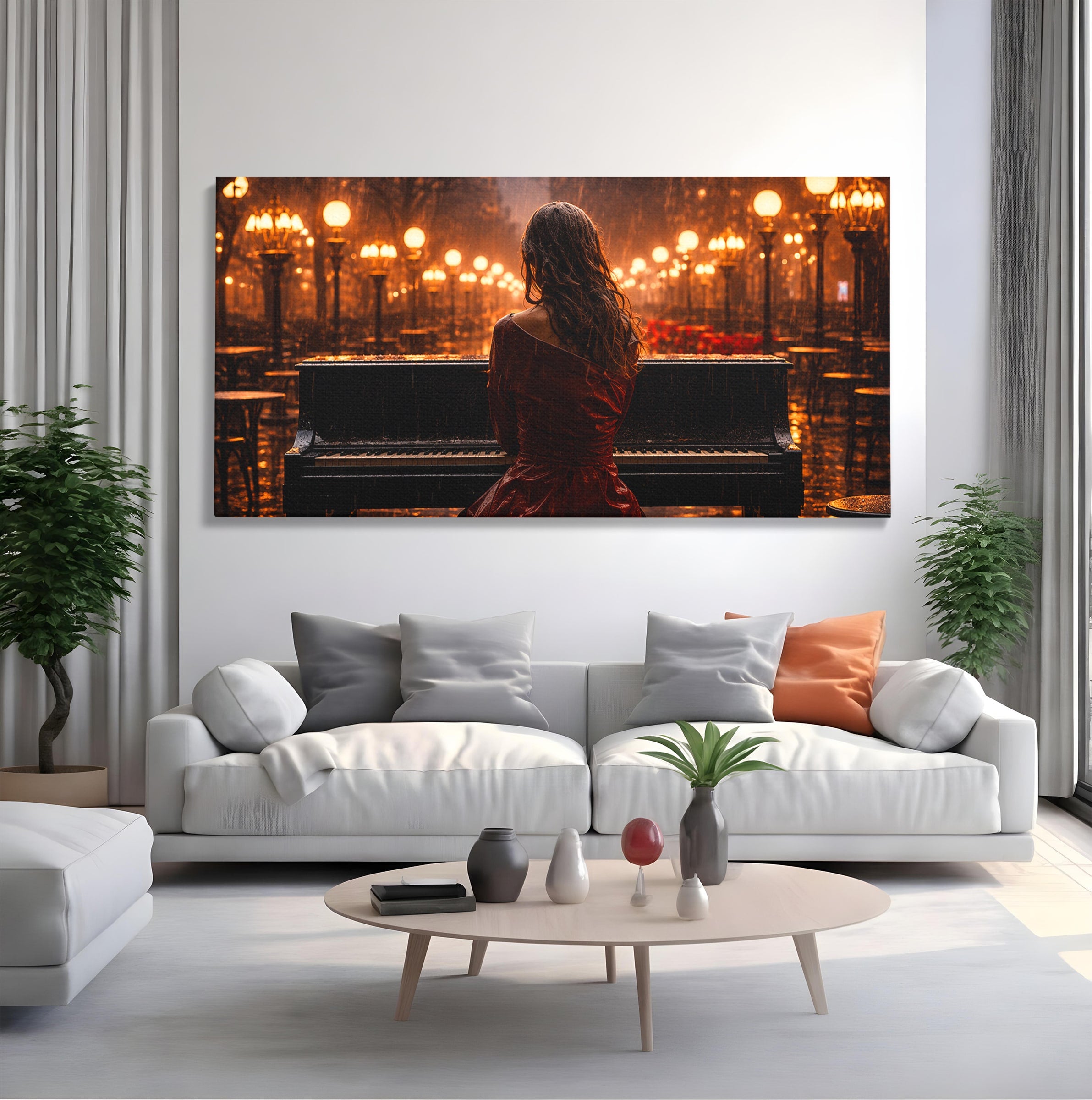 Tablou Canvas Premium LuxCanva® R1048, Pianista In Ploaie, Pian, Ploaie, Noapte, Femeie, Muzica, Romantic, Living, Dormitor, Culori Vibrante