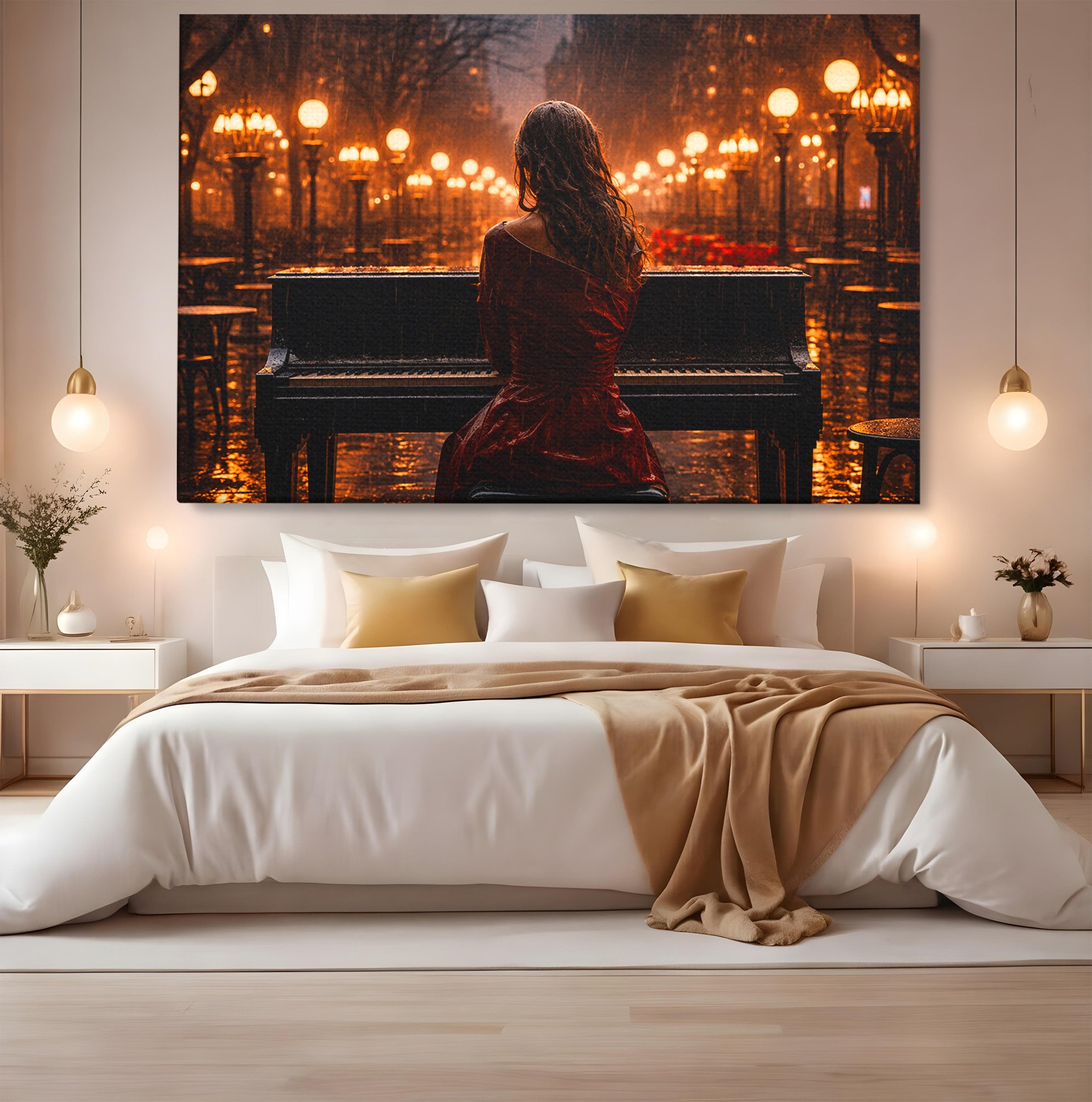 Tablou Canvas Premium LuxCanva® R1048, Pianista In Ploaie, Pian, Ploaie, Noapte, Femeie, Muzica, Romantic, Living, Dormitor, Culori Vibrante