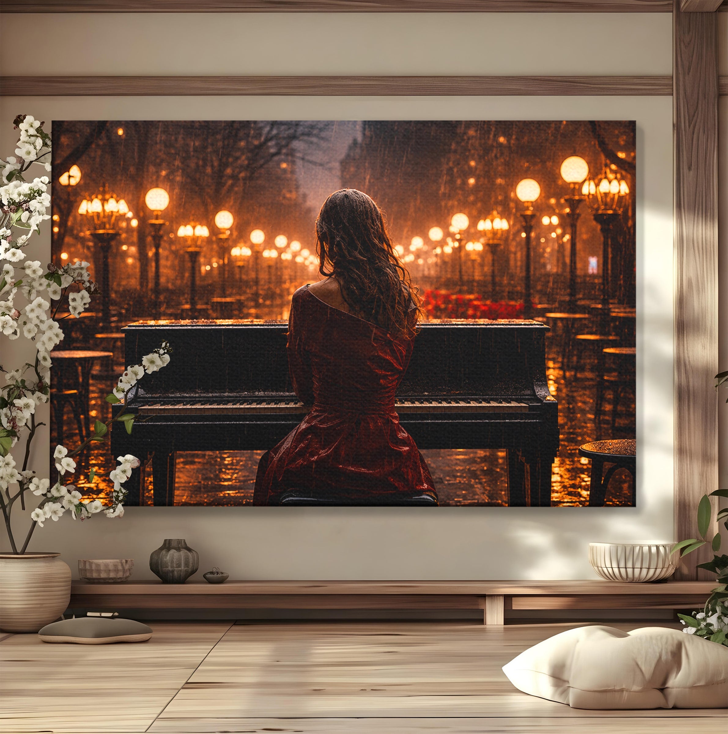 Tablou Canvas Premium LuxCanva® R1048, Pianista In Ploaie, Pian, Ploaie, Noapte, Femeie, Muzica, Romantic, Living, Dormitor, Culori Vibrante