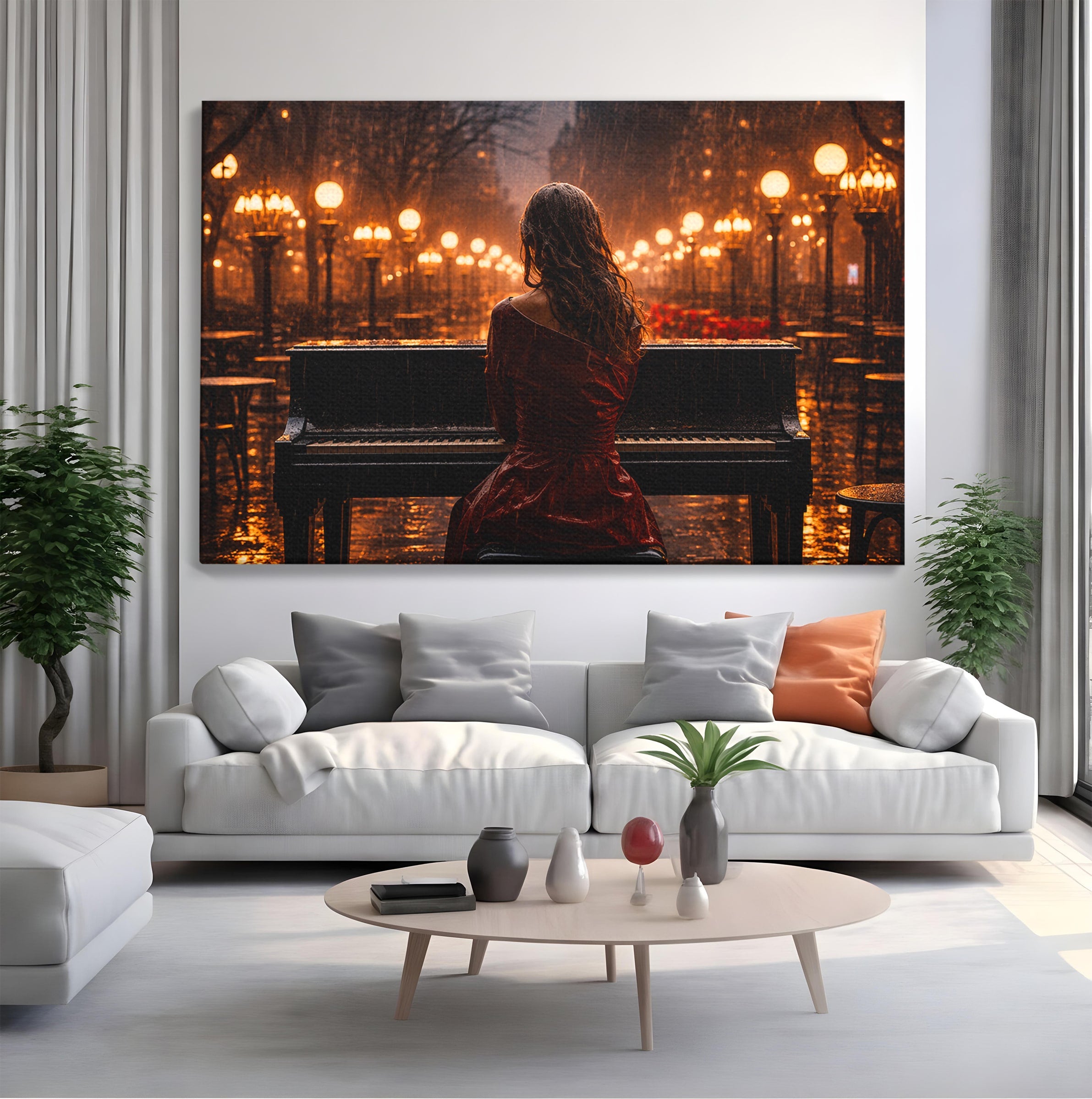 Tablou Canvas Premium LuxCanva® R1048, Pianista In Ploaie, Pian, Ploaie, Noapte, Femeie, Muzica, Romantic, Living, Dormitor, Culori Vibrante