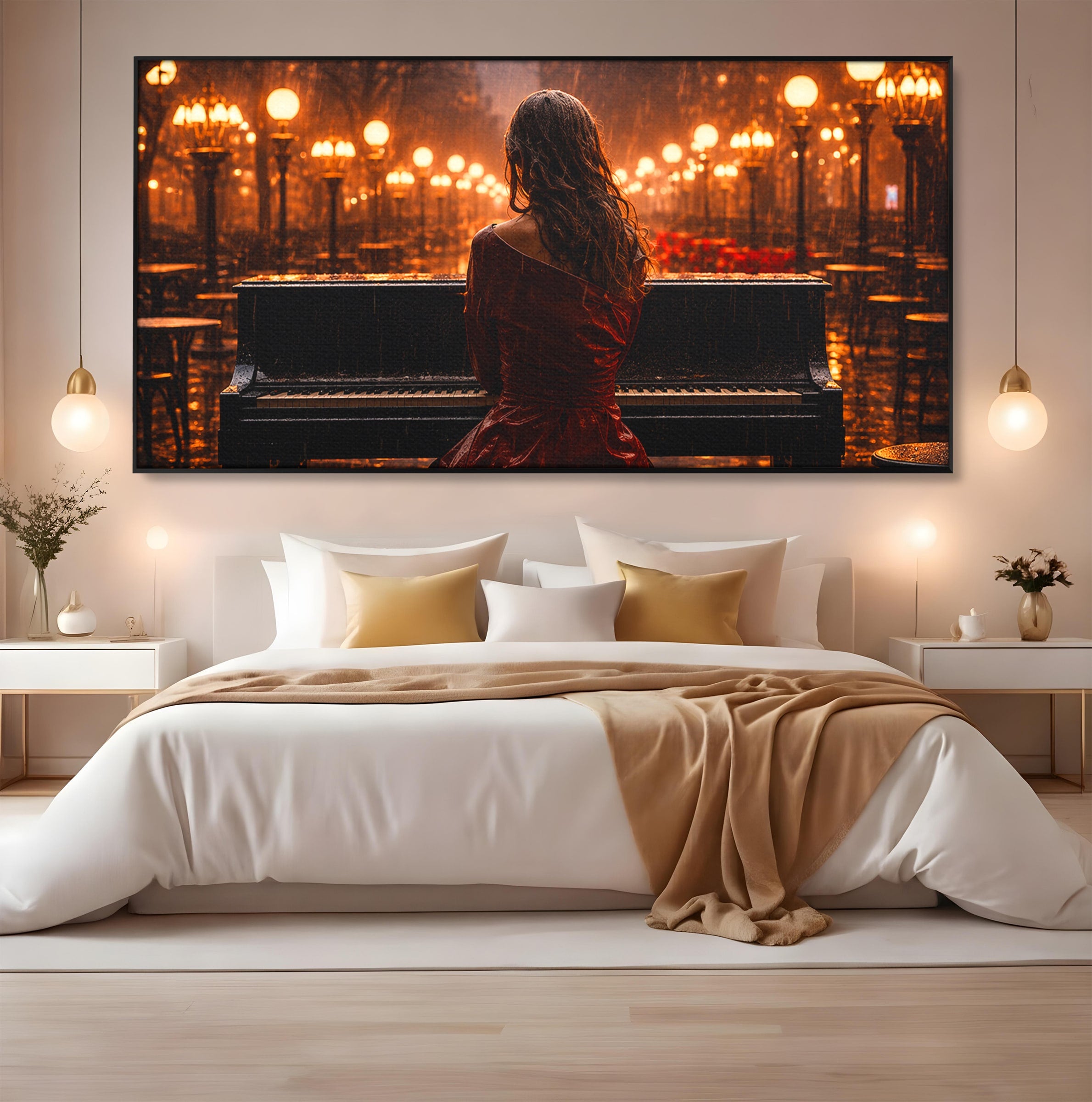 Tablou Canvas Premium LuxCanva® R1048, Pianista In Ploaie, Pian, Ploaie, Noapte, Femeie, Muzica, Romantic, Living, Dormitor, Culori Vibrante