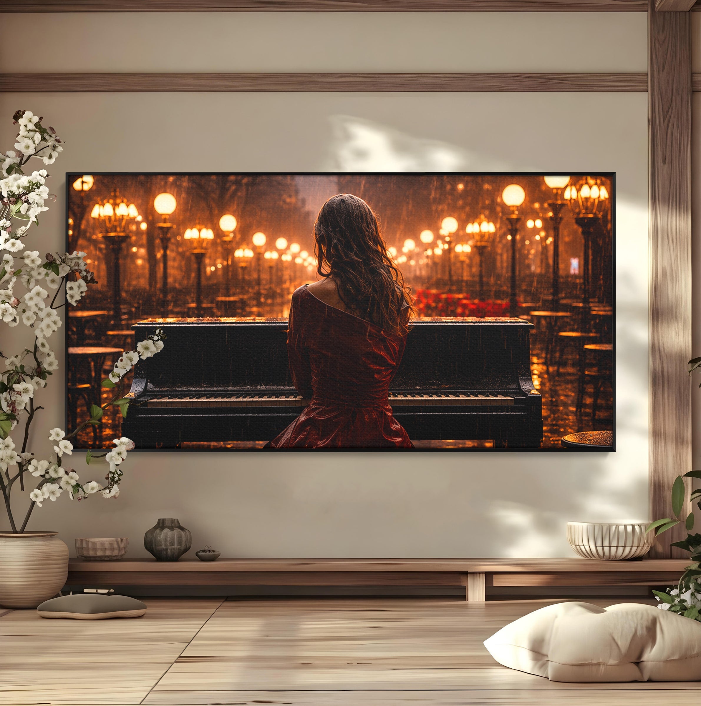 Tablou Canvas Premium LuxCanva® R1048, Pianista In Ploaie, Pian, Ploaie, Noapte, Femeie, Muzica, Romantic, Living, Dormitor, Culori Vibrante