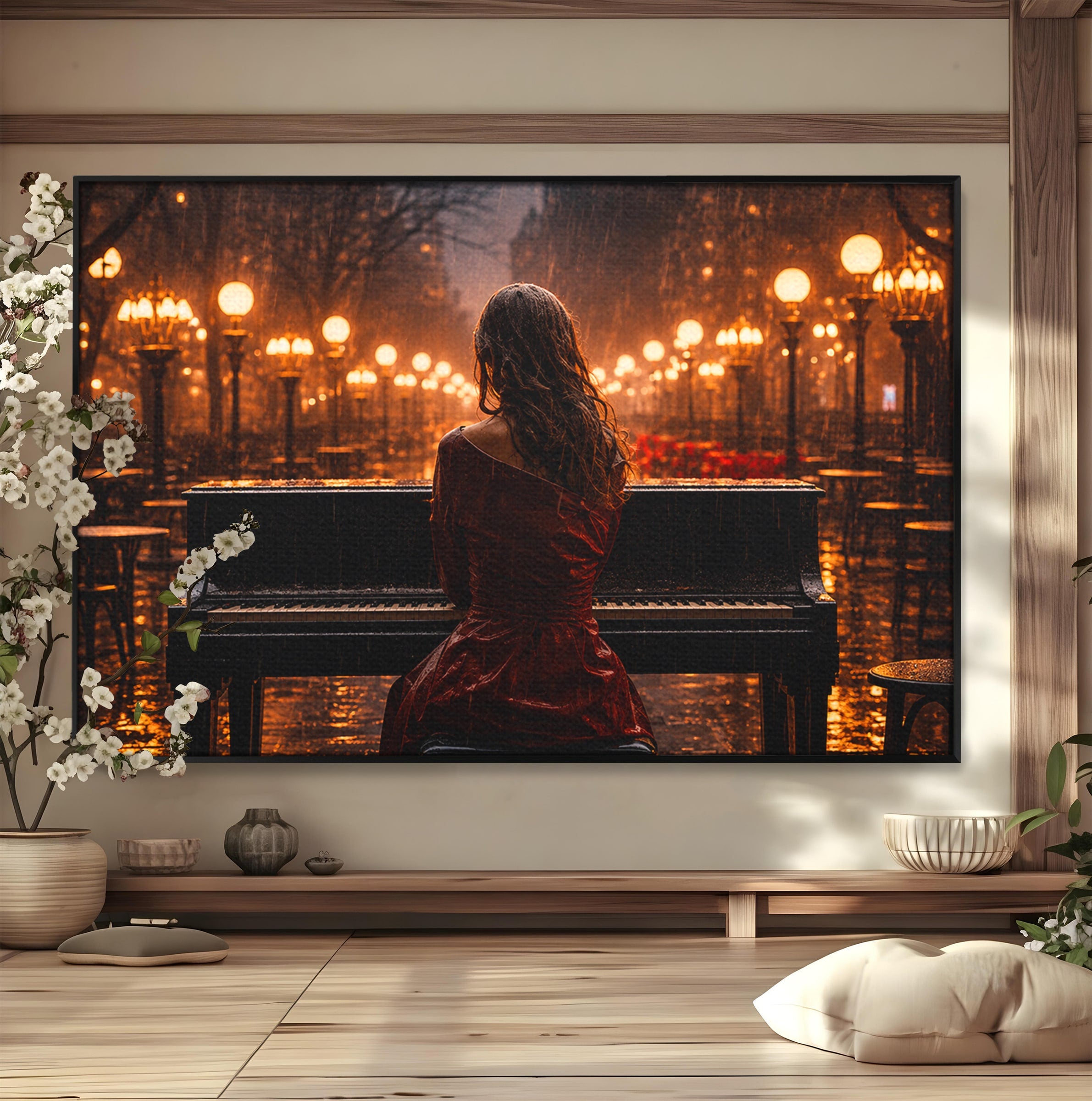 Tablou Canvas Premium LuxCanva® R1048, Pianista In Ploaie, Pian, Ploaie, Noapte, Femeie, Muzica, Romantic, Living, Dormitor, Culori Vibrante
