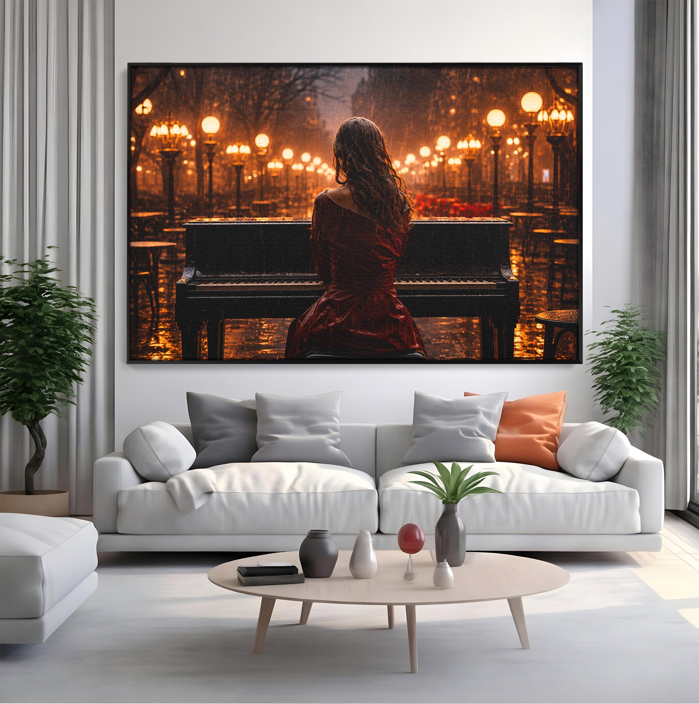Tablou Canvas Premium LuxCanva® R1048, Pianista In Ploaie, Pian, Ploaie, Noapte, Femeie, Muzica, Romantic, Living, Dormitor, Culori Vibrante