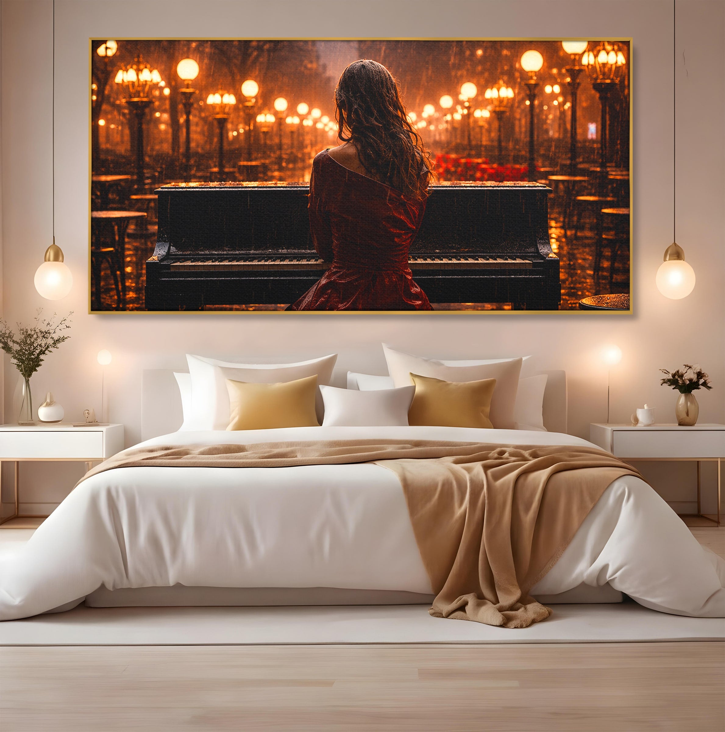 Tablou Canvas Premium LuxCanva® R1048, Pianista In Ploaie, Pian, Ploaie, Noapte, Femeie, Muzica, Romantic, Living, Dormitor, Culori Vibrante