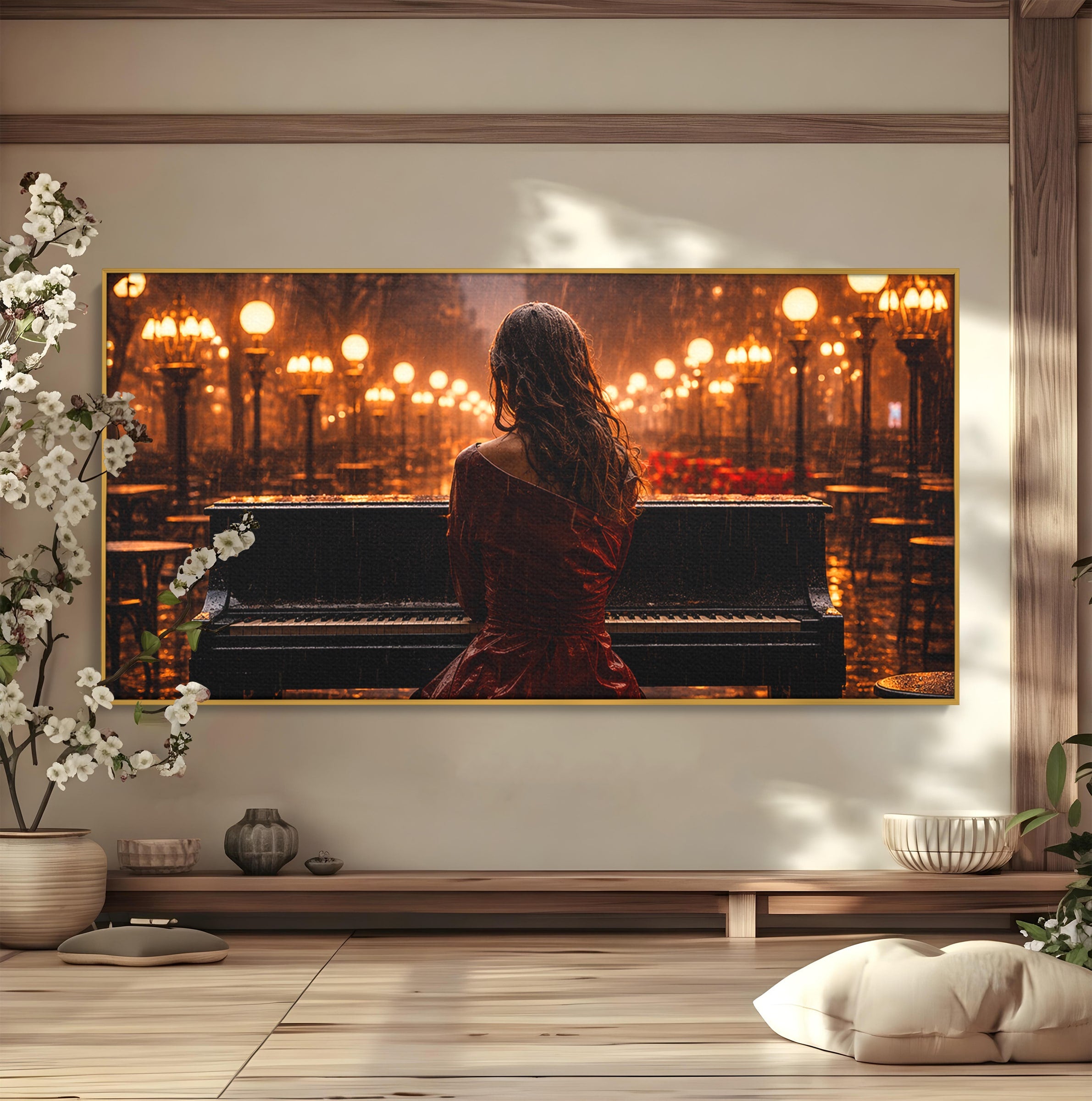 Tablou Canvas Premium LuxCanva® R1048, Pianista In Ploaie, Pian, Ploaie, Noapte, Femeie, Muzica, Romantic, Living, Dormitor, Culori Vibrante