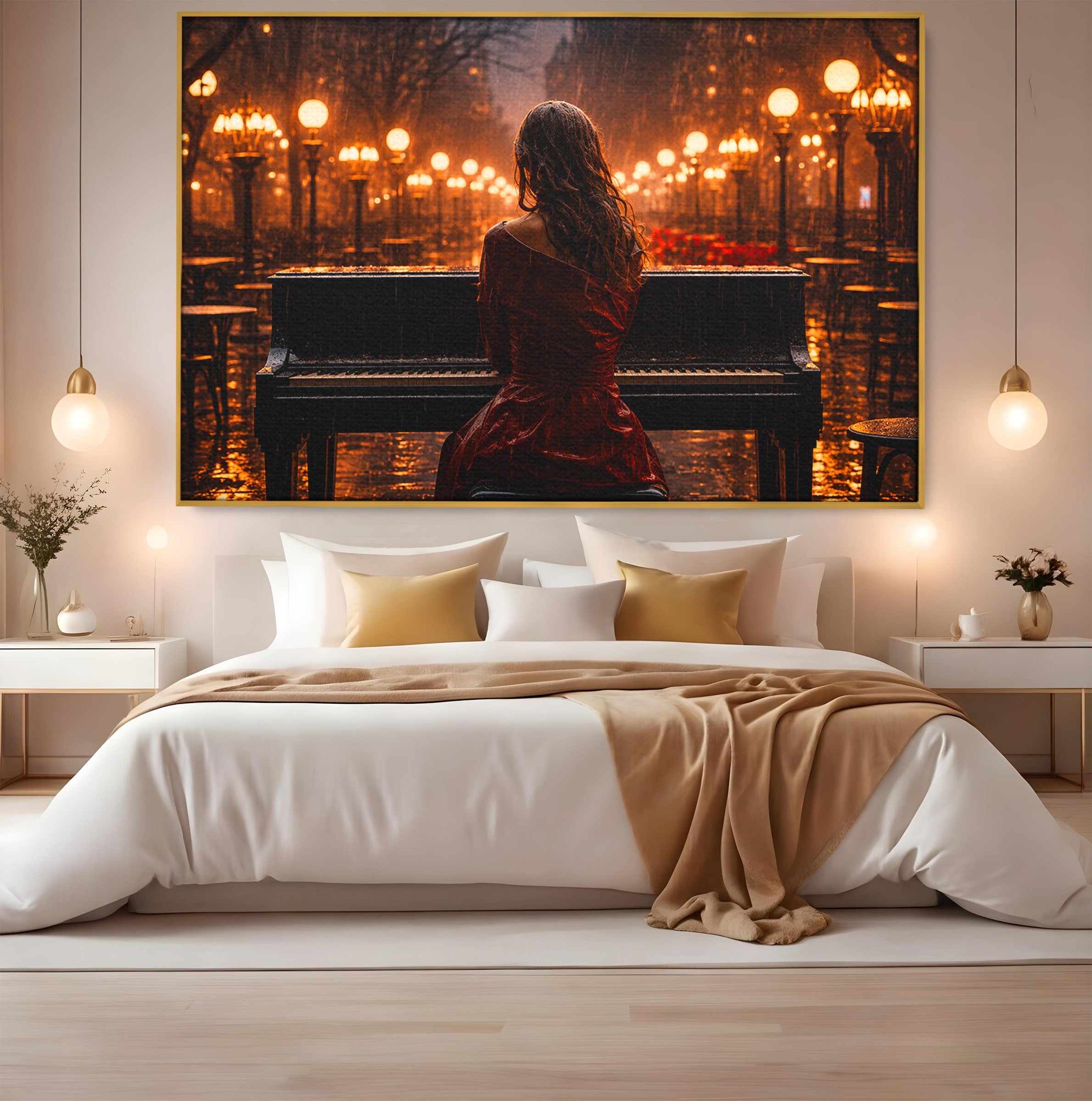 Tablou Canvas Premium LuxCanva® R1048, Pianista In Ploaie, Pian, Ploaie, Noapte, Femeie, Muzica, Romantic, Living, Dormitor, Culori Vibrante