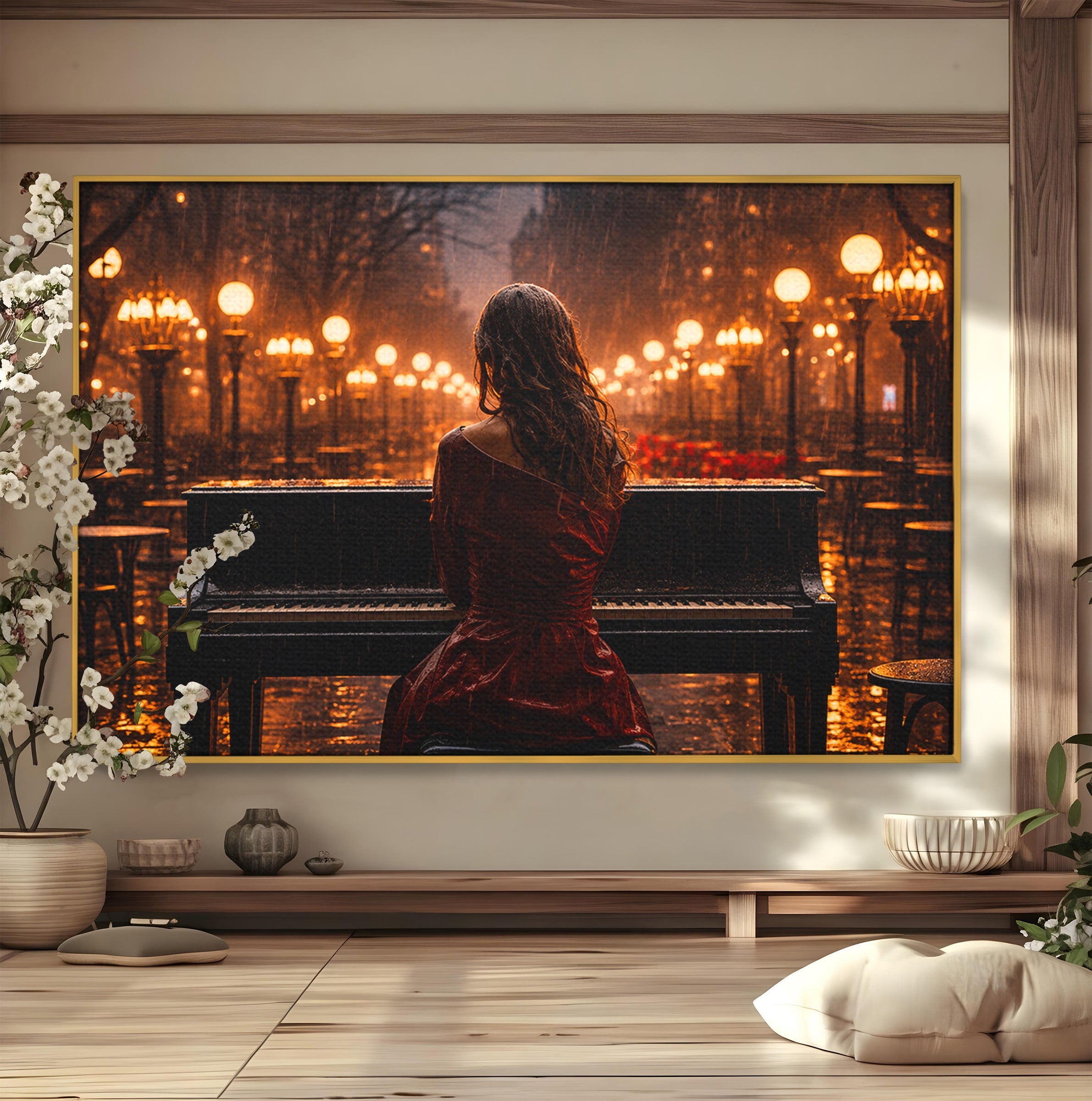 Tablou Canvas Premium LuxCanva® R1048, Pianista In Ploaie, Pian, Ploaie, Noapte, Femeie, Muzica, Romantic, Living, Dormitor, Culori Vibrante