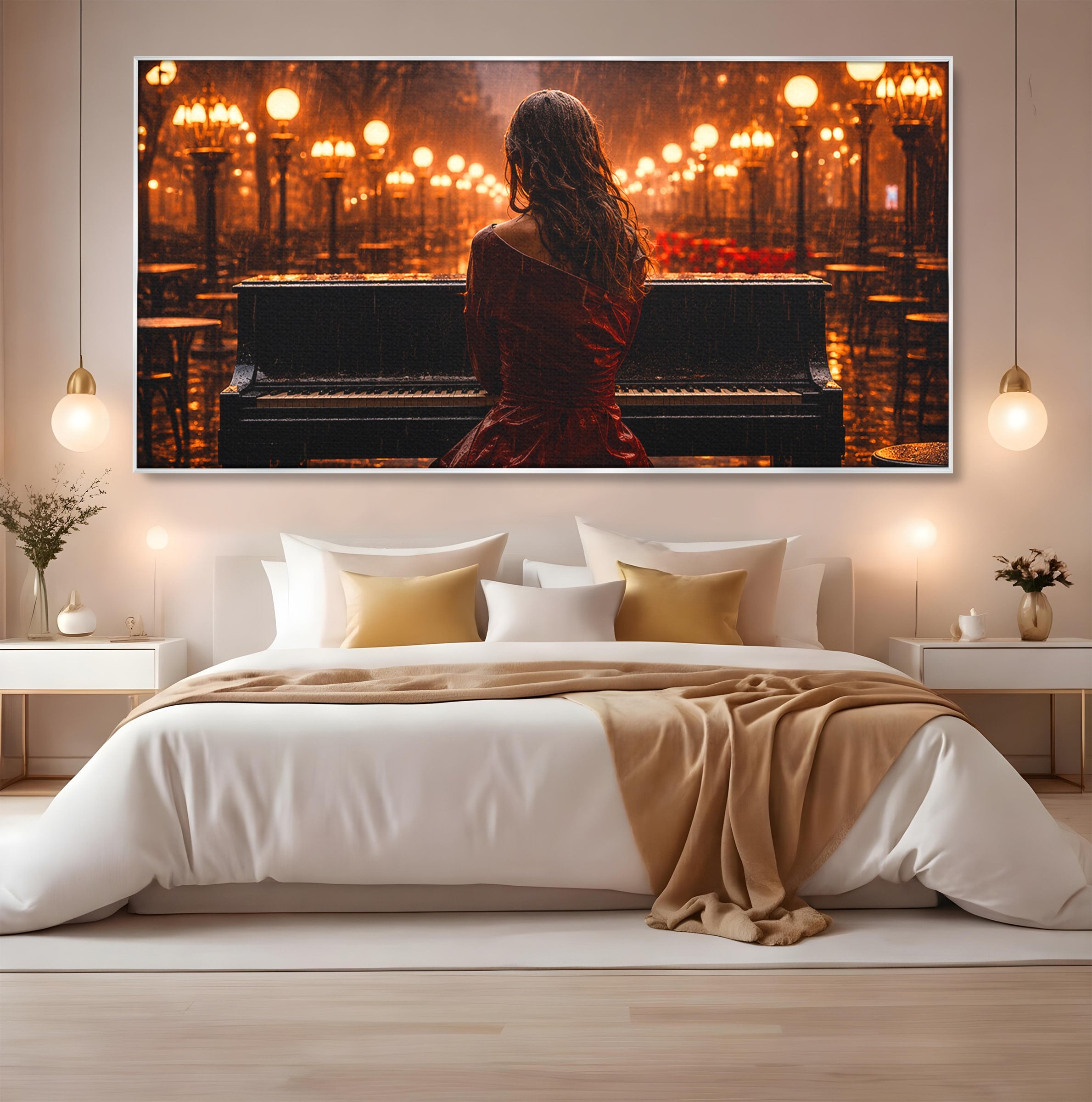 Tablou Canvas Premium LuxCanva® R1048, Pianista In Ploaie, Pian, Ploaie, Noapte, Femeie, Muzica, Romantic, Living, Dormitor, Culori Vibrante