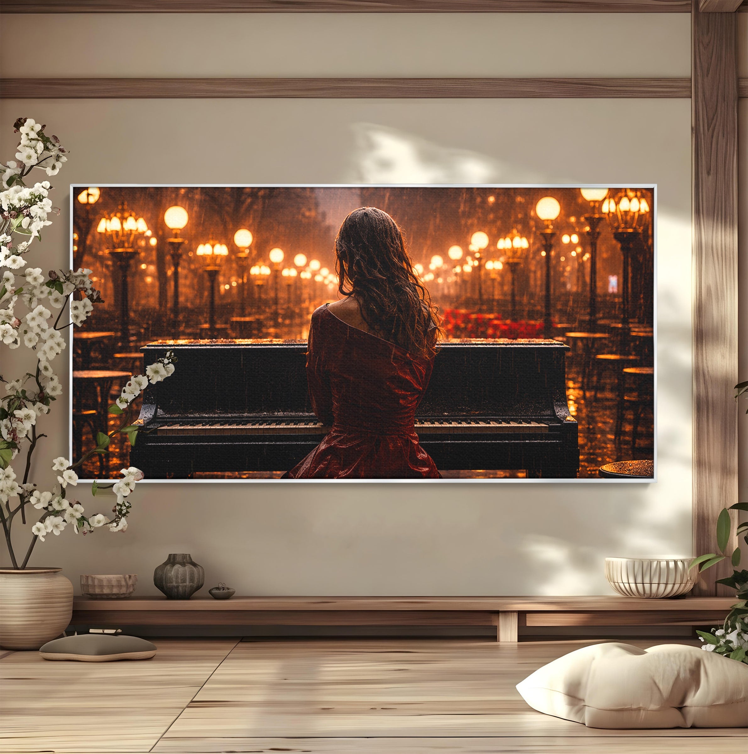 Tablou Canvas Premium LuxCanva® R1048, Pianista In Ploaie, Pian, Ploaie, Noapte, Femeie, Muzica, Romantic, Living, Dormitor, Culori Vibrante