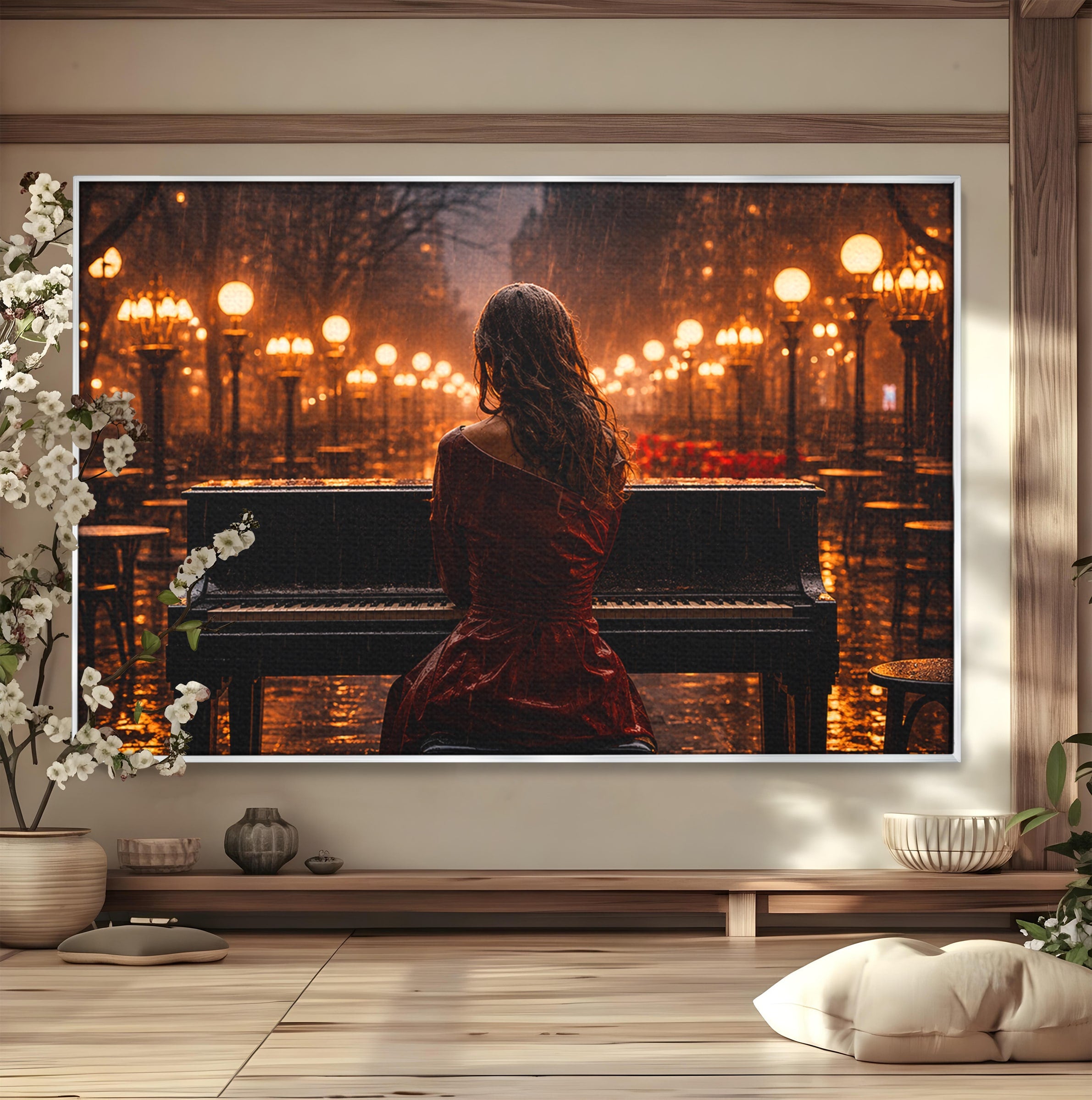 Tablou Canvas Premium LuxCanva® R1048, Pianista In Ploaie, Pian, Ploaie, Noapte, Femeie, Muzica, Romantic, Living, Dormitor, Culori Vibrante