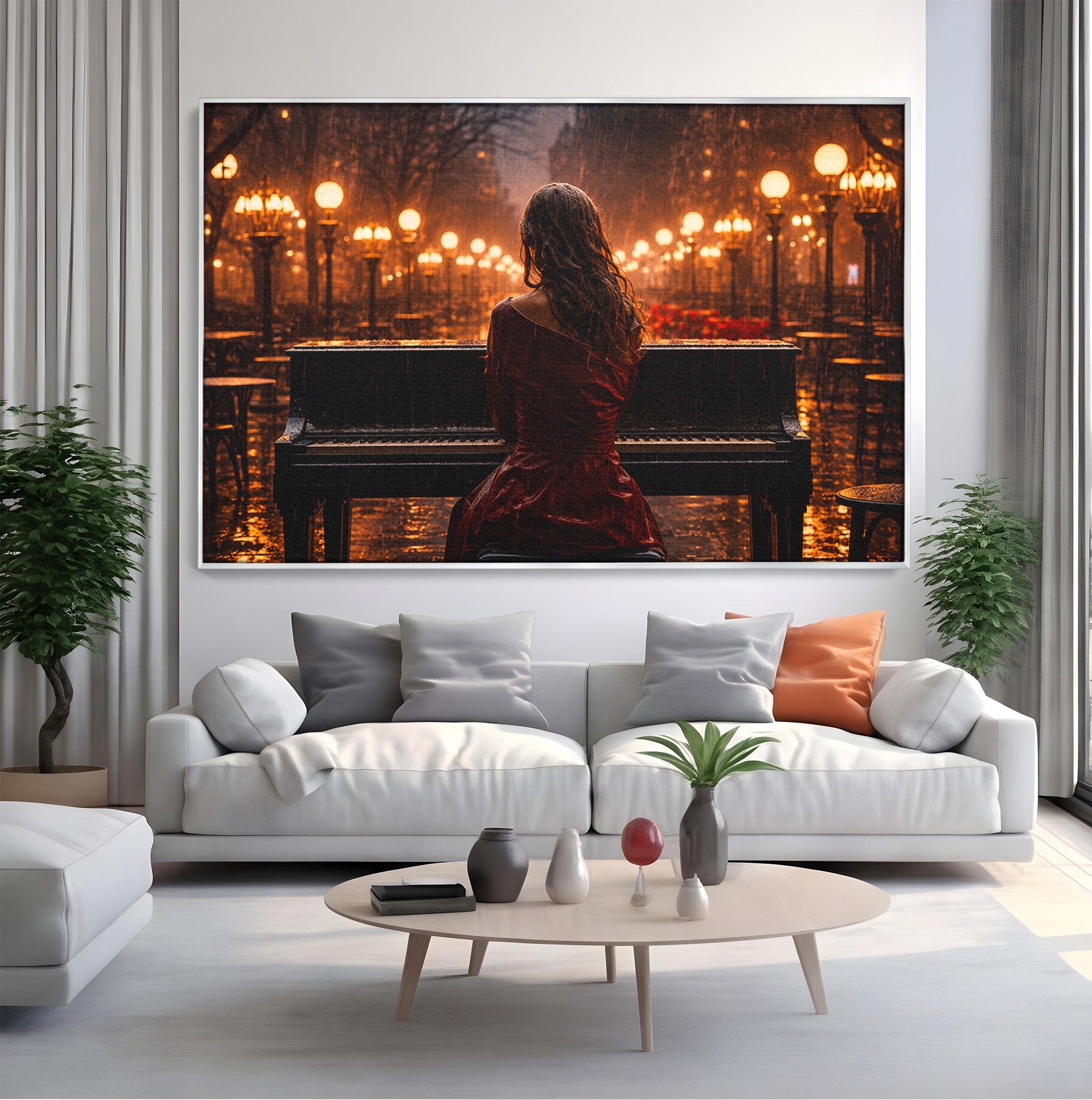 Tablou Canvas Premium LuxCanva® R1048, Pianista In Ploaie, Pian, Ploaie, Noapte, Femeie, Muzica, Romantic, Living, Dormitor, Culori Vibrante