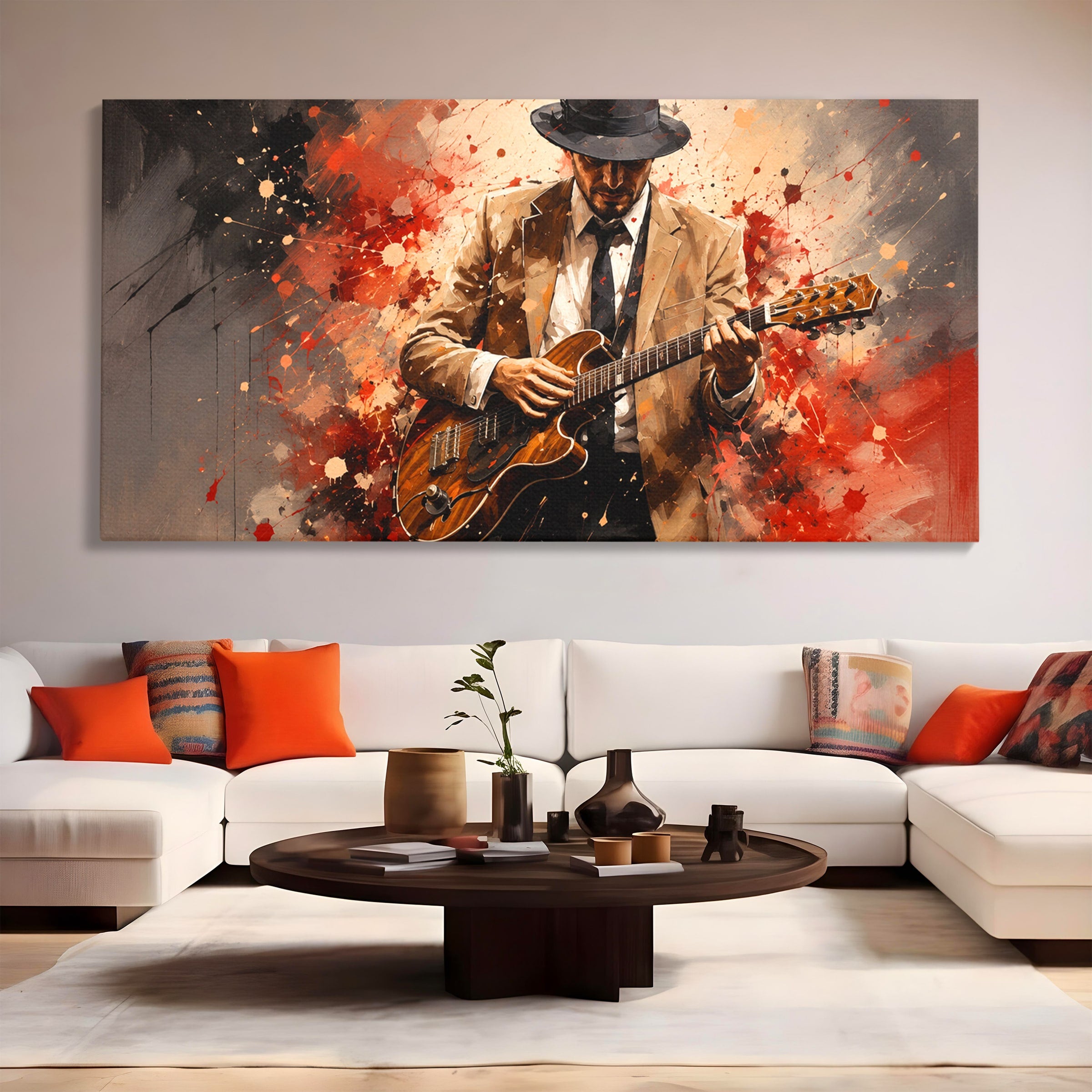 Tablou Canvas Premium LuxCanva® R1049, Chitaristul Misterios, Chitara, Muzica, Portret, Mister, Living, Culori Vibrante