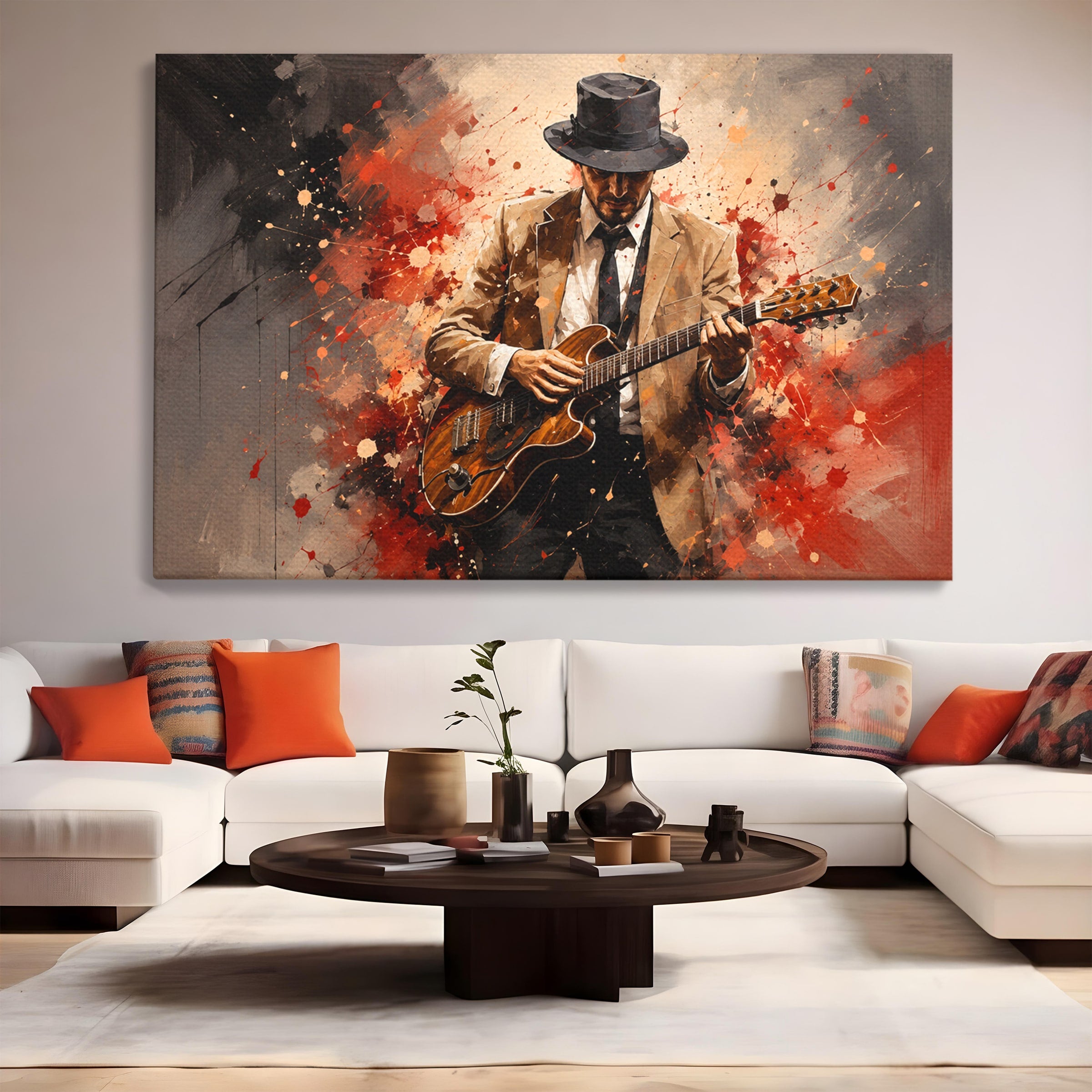 Tablou Canvas Premium LuxCanva® R1049, Chitaristul Misterios, Chitara, Muzica, Portret, Mister, Living, Culori Vibrante