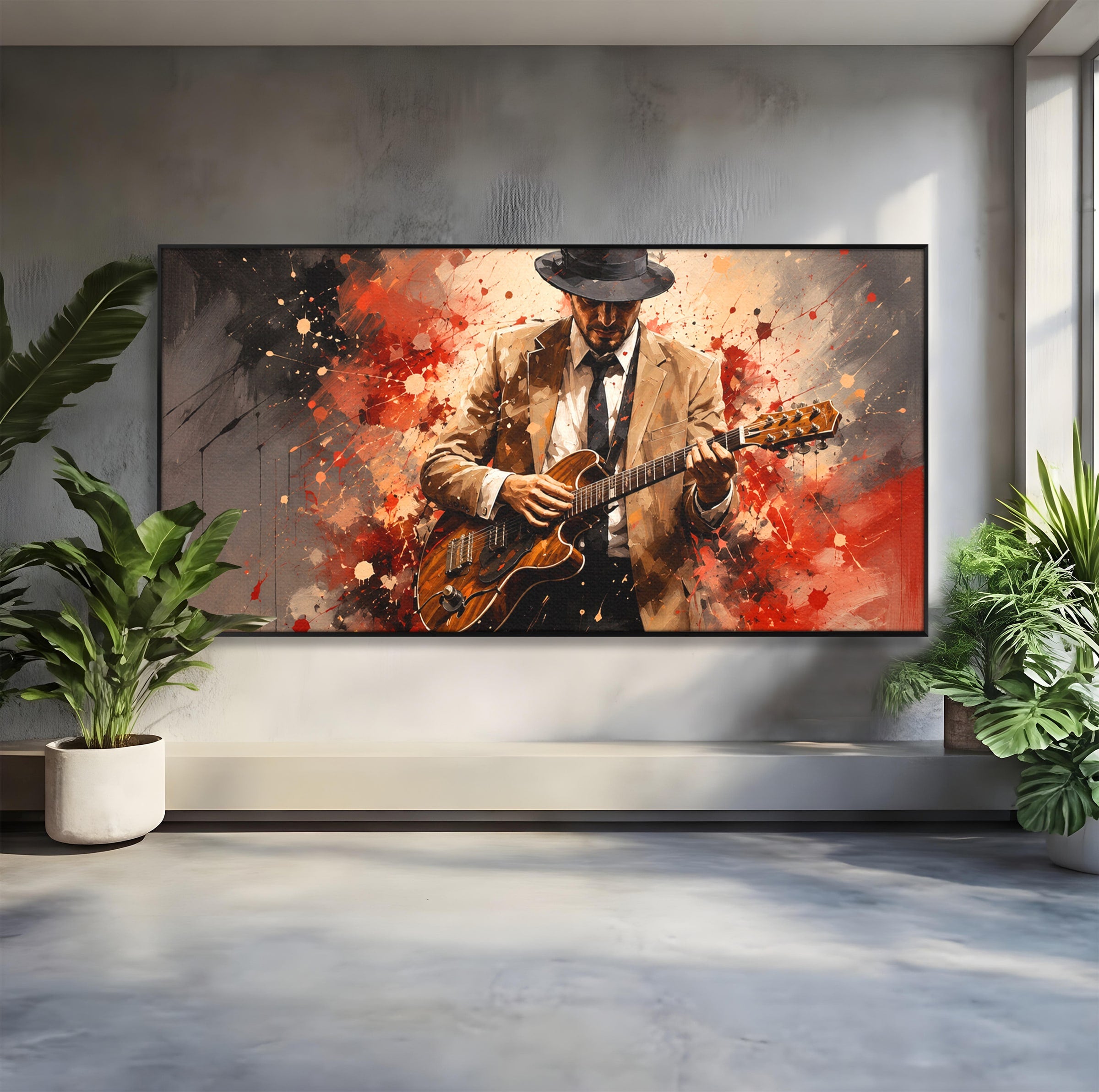 Tablou Canvas Premium LuxCanva® R1049, Chitaristul Misterios, Chitara, Muzica, Portret, Mister, Living, Culori Vibrante