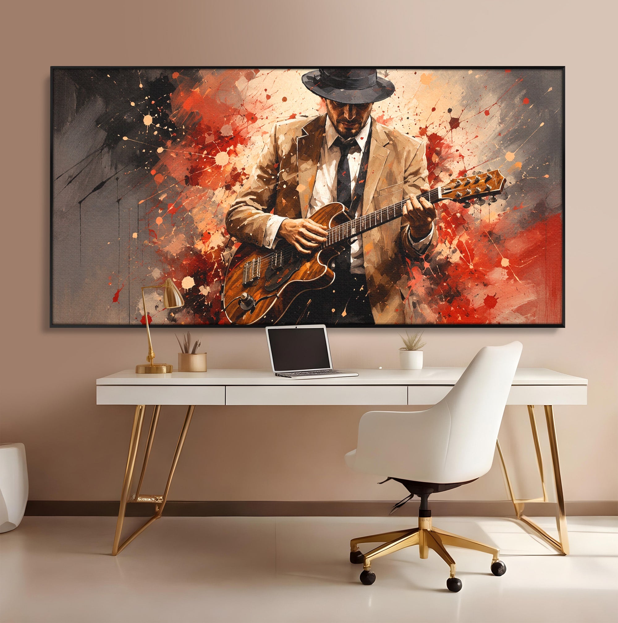 Tablou Canvas Premium LuxCanva® R1049, Chitaristul Misterios, Chitara, Muzica, Portret, Mister, Living, Culori Vibrante