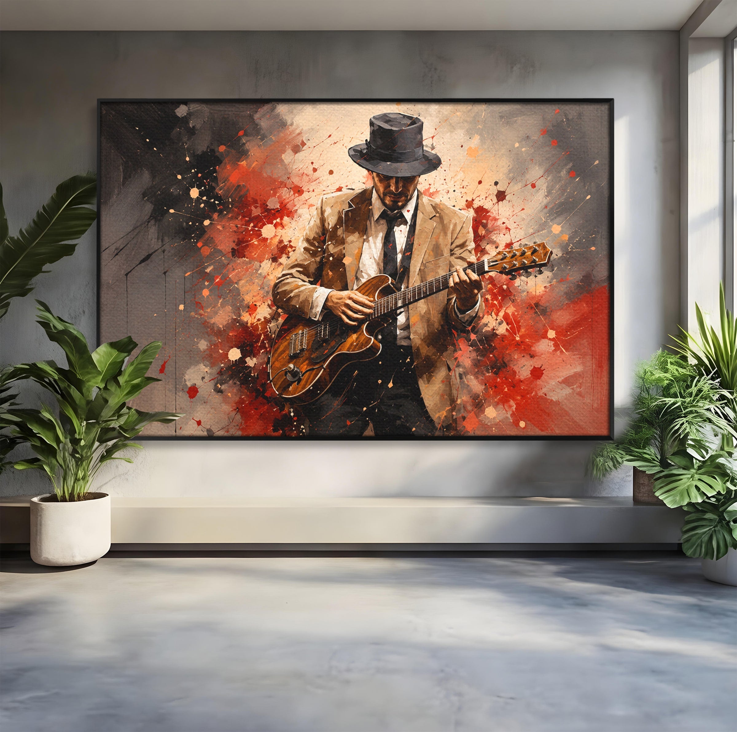 Tablou Canvas Premium LuxCanva® R1049, Chitaristul Misterios, Chitara, Muzica, Portret, Mister, Living, Culori Vibrante