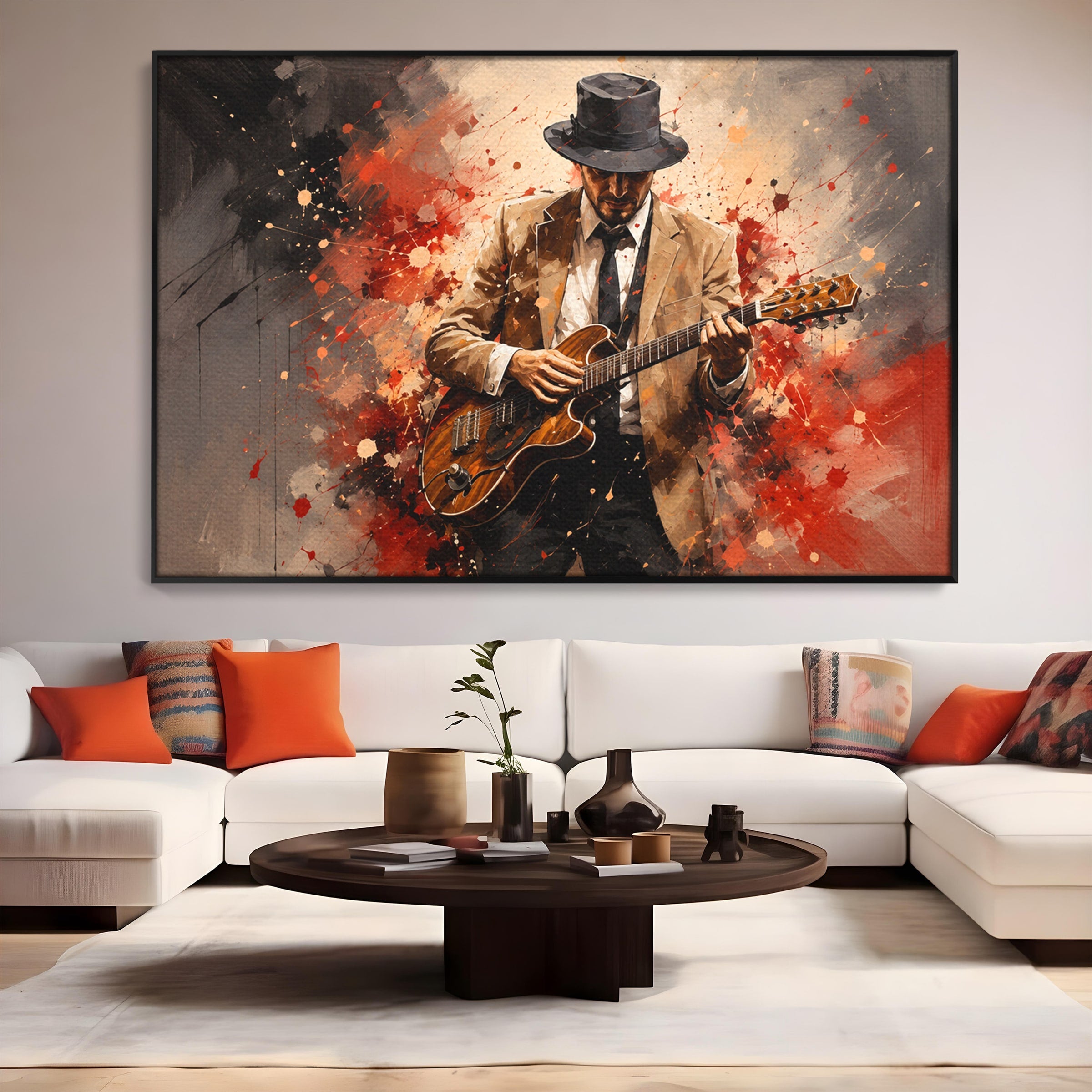 Tablou Canvas Premium LuxCanva® R1049, Chitaristul Misterios, Chitara, Muzica, Portret, Mister, Living, Culori Vibrante