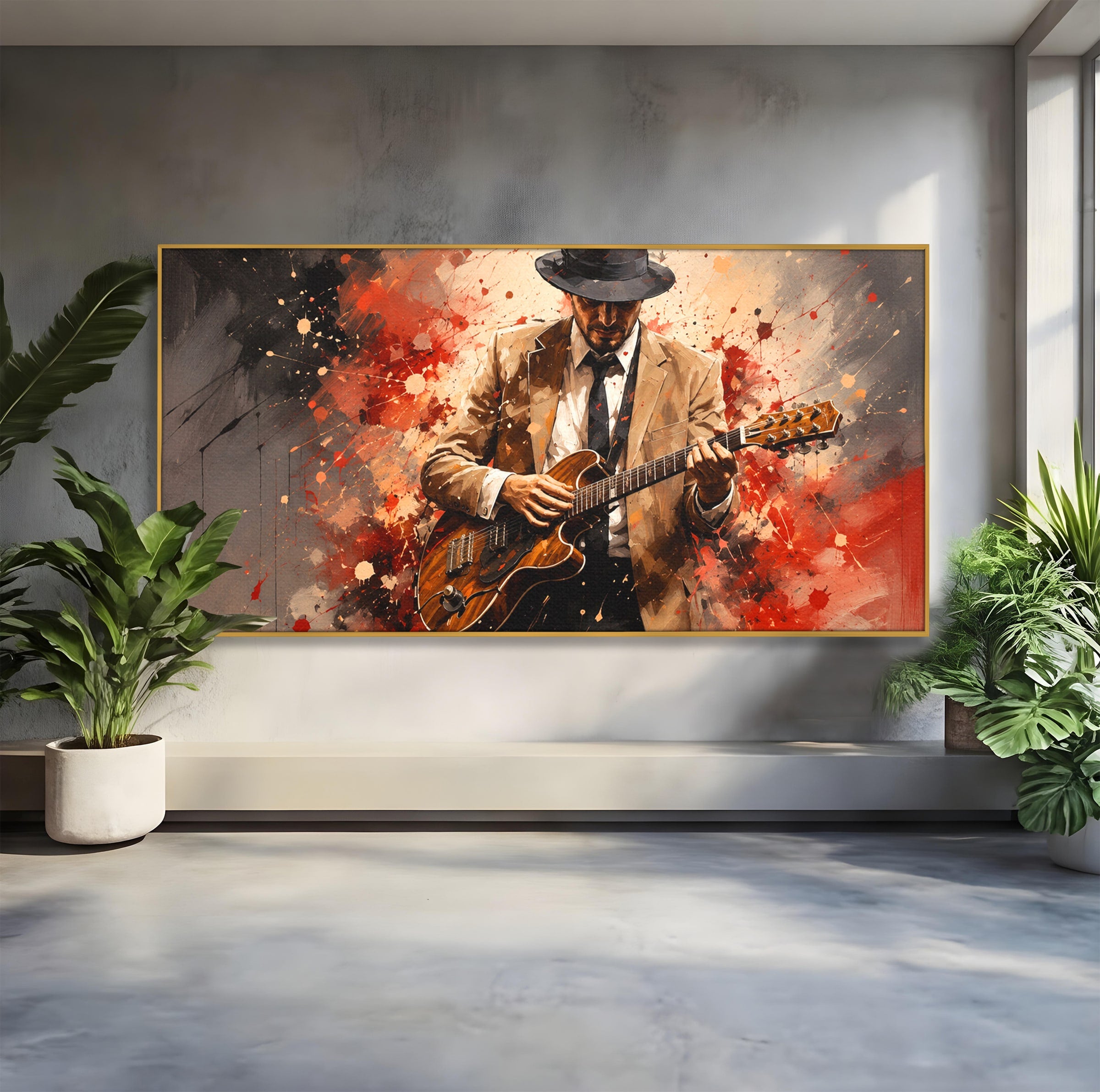 Tablou Canvas Premium LuxCanva® R1049, Chitaristul Misterios, Chitara, Muzica, Portret, Mister, Living, Culori Vibrante
