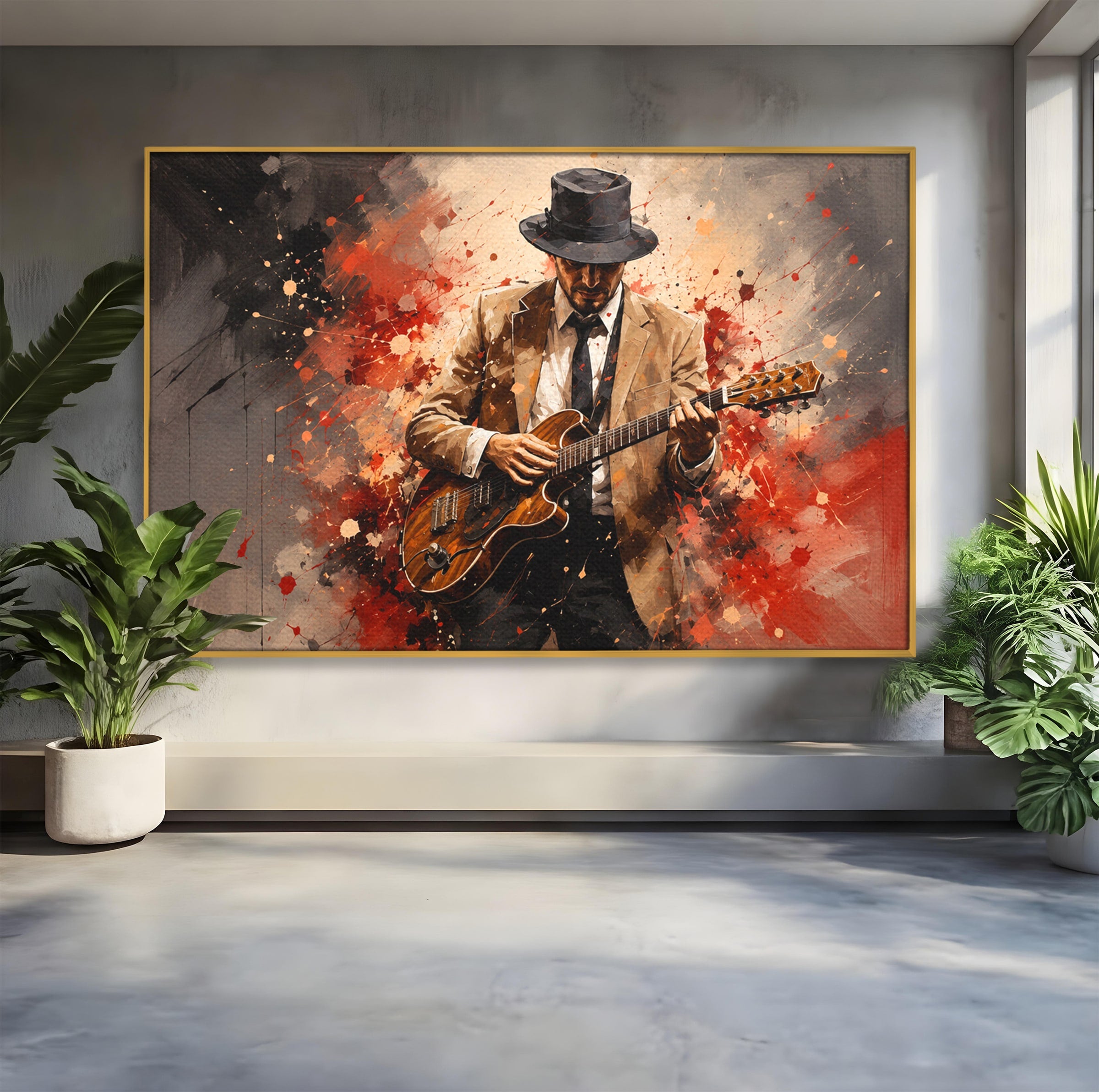 Tablou Canvas Premium LuxCanva® R1049, Chitaristul Misterios, Chitara, Muzica, Portret, Mister, Living, Culori Vibrante