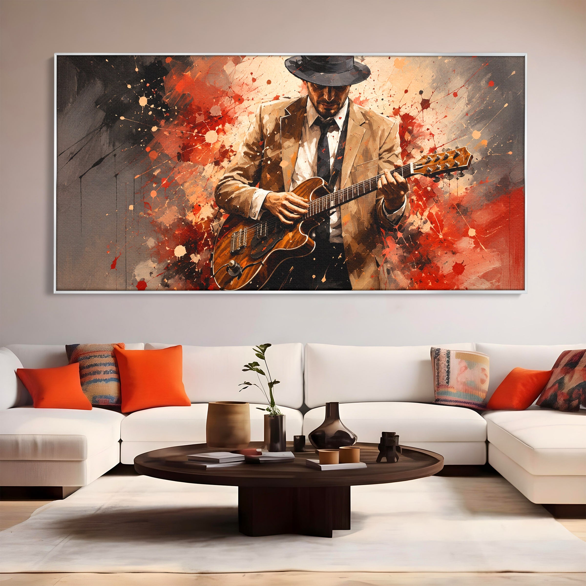 Tablou Canvas Premium LuxCanva® R1049, Chitaristul Misterios, Chitara, Muzica, Portret, Mister, Living, Culori Vibrante