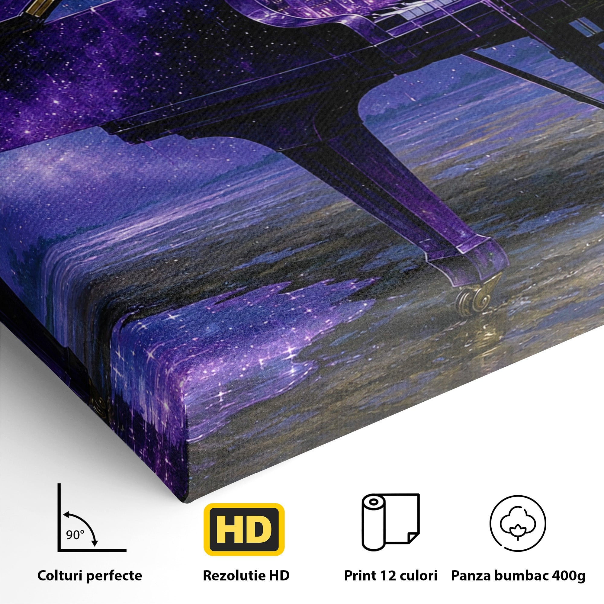Tablou Canvas Premium LuxCanva® R1052, Pianul Cosmic, Pian, Cosmos, Oras, Noapte, Visare, Living, Culori Vibrante