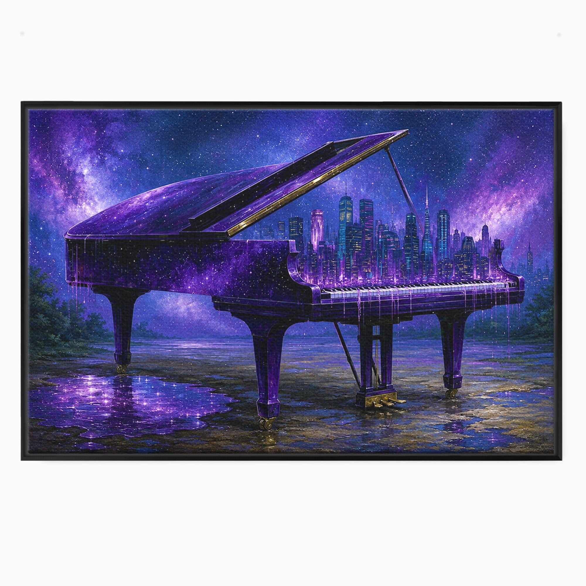 Tablou Canvas Premium LuxCanva® R1052, Pianul Cosmic, Pian, Cosmos, Oras, Noapte, Visare, Living, Culori Vibrante