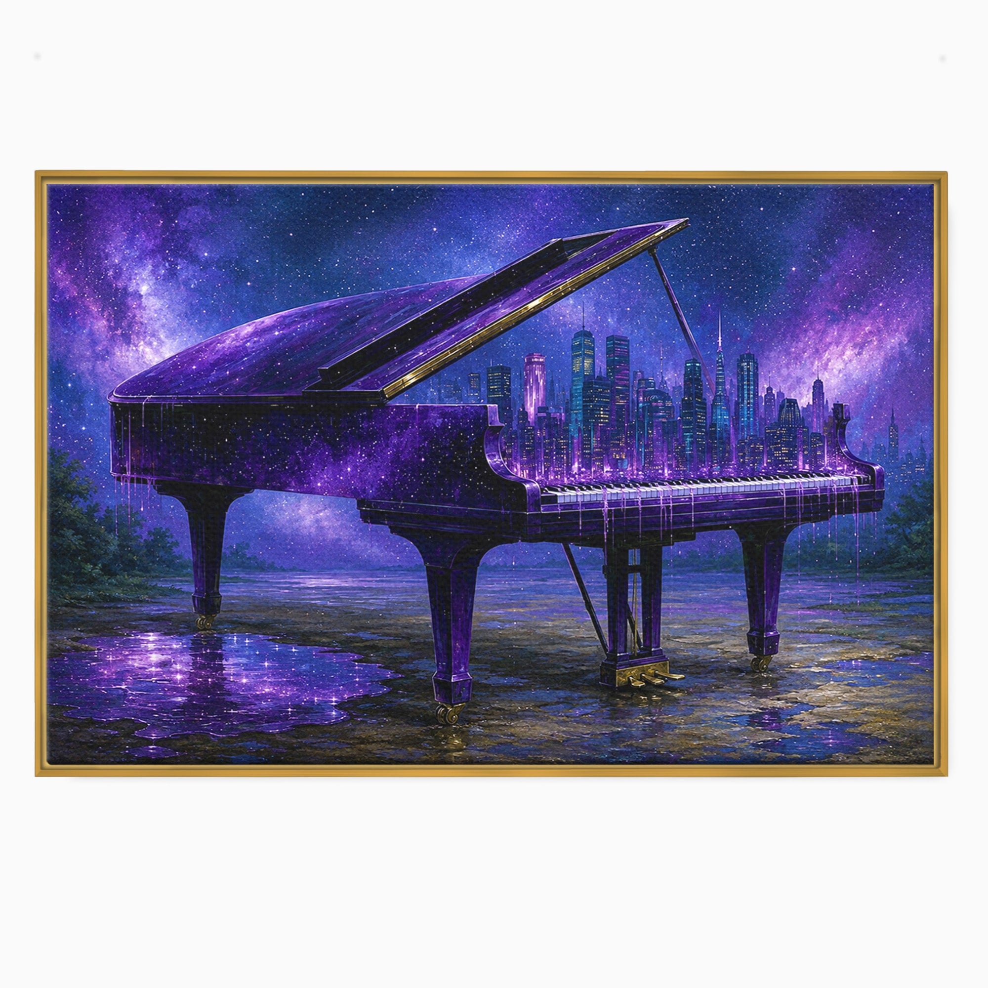 Tablou Canvas Premium LuxCanva® R1052, Pianul Cosmic, Pian, Cosmos, Oras, Noapte, Visare, Living, Culori Vibrante