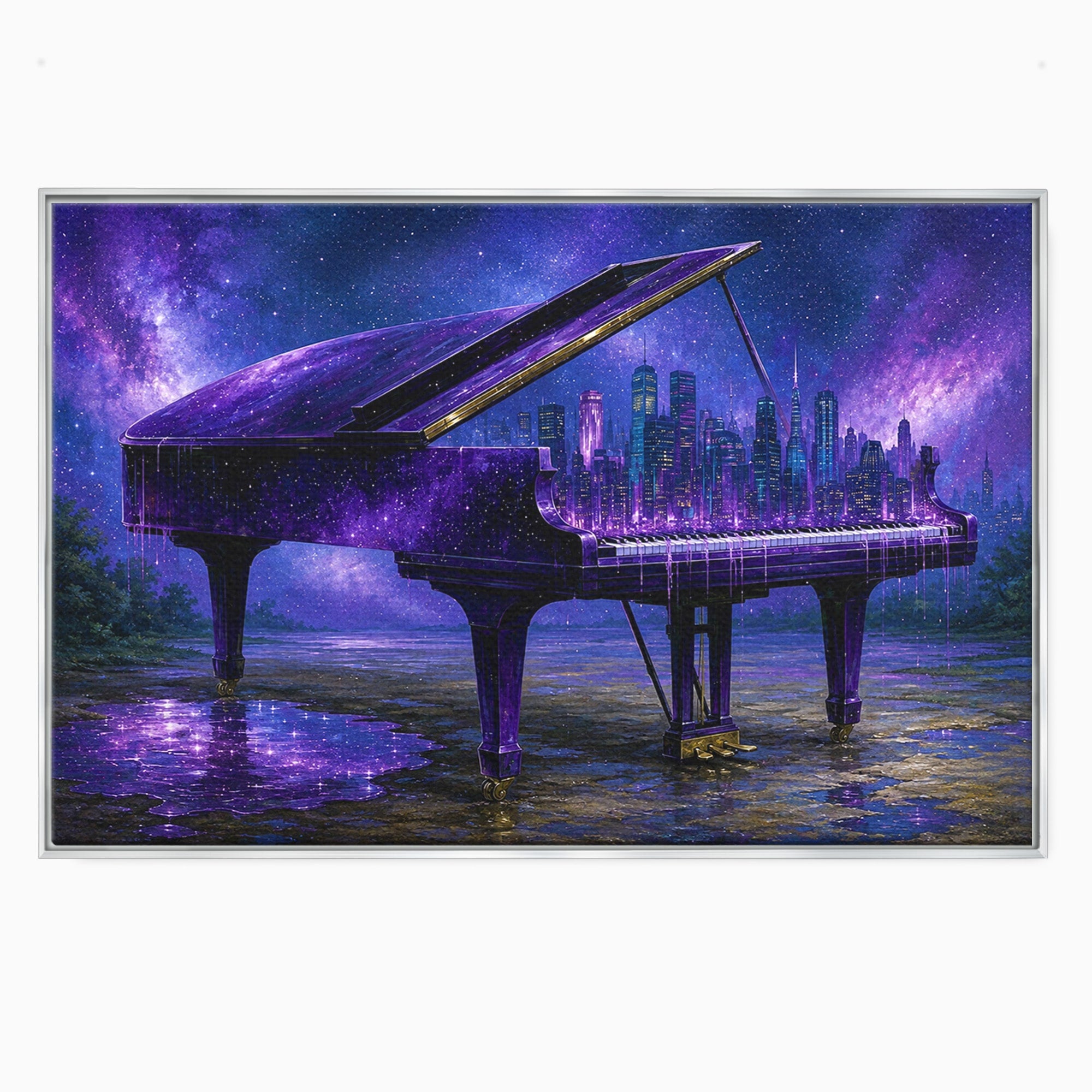 Tablou Canvas Premium LuxCanva® R1052, Pianul Cosmic, Pian, Cosmos, Oras, Noapte, Visare, Living, Culori Vibrante